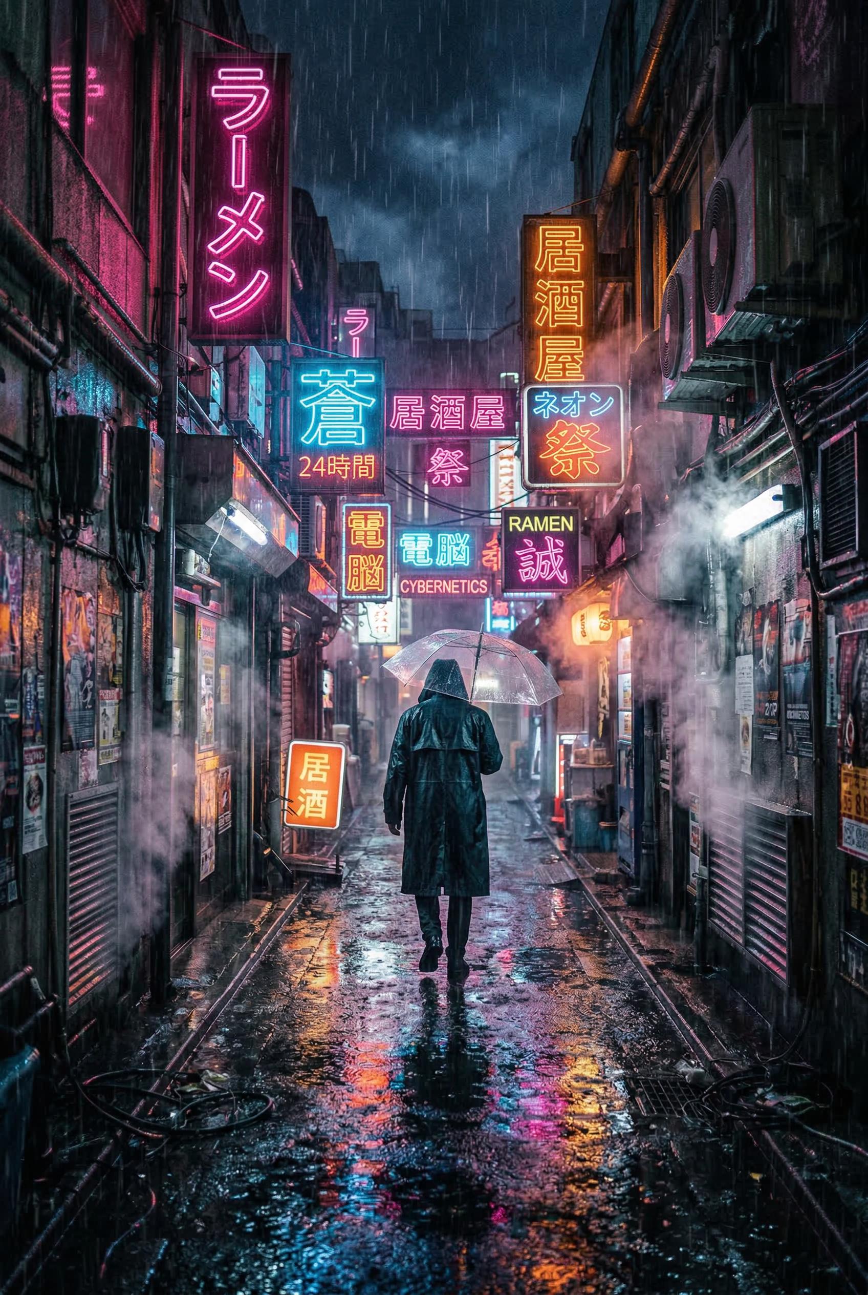 A narrow rain-soaked cyberpunk back alley at night in a futuristic Asian megacity, heavy rain pouring down with visible 