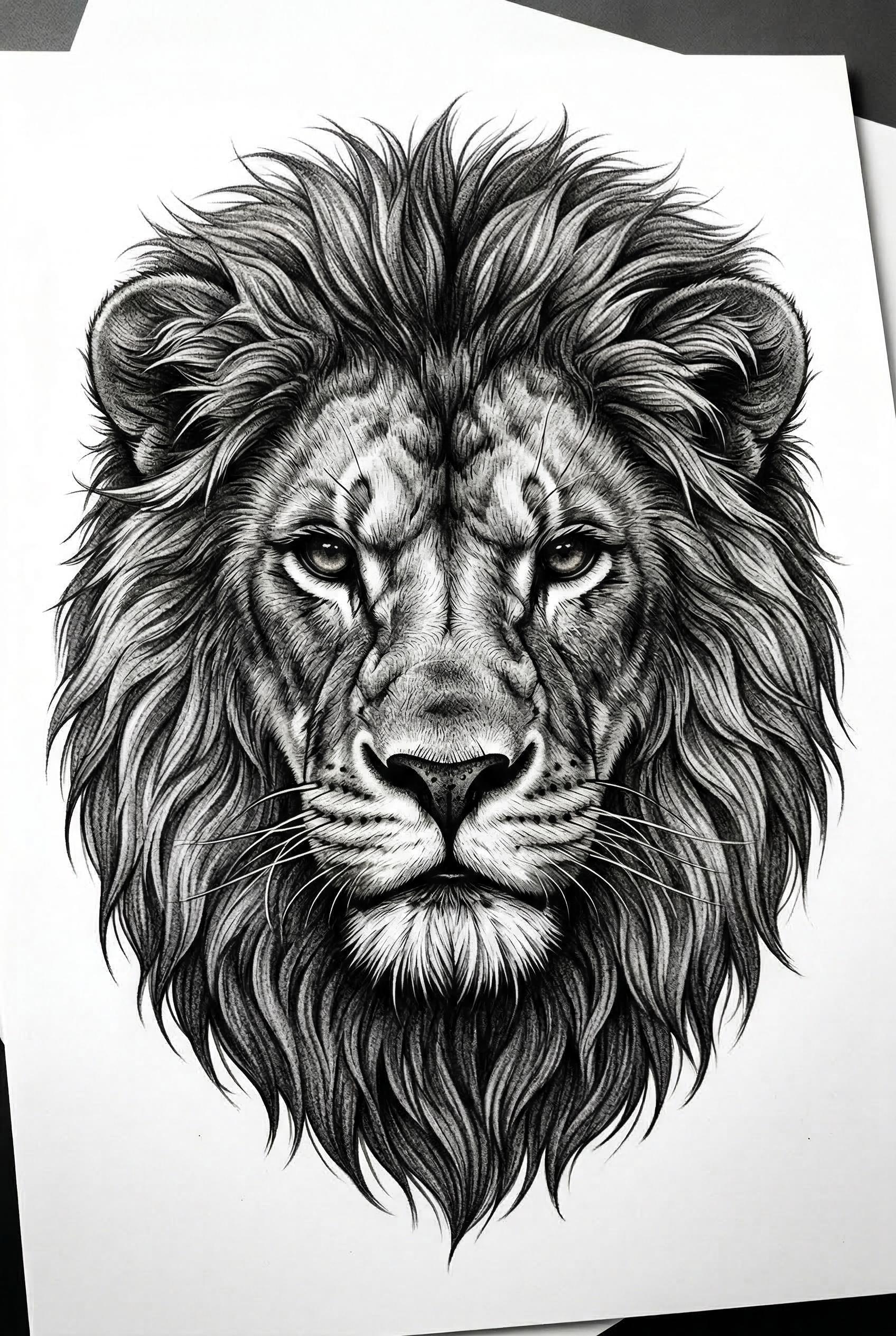 A photorealistic lion head tattoo design, detailed fur texture and intense eyes, black and grey realism style, tattoo ar