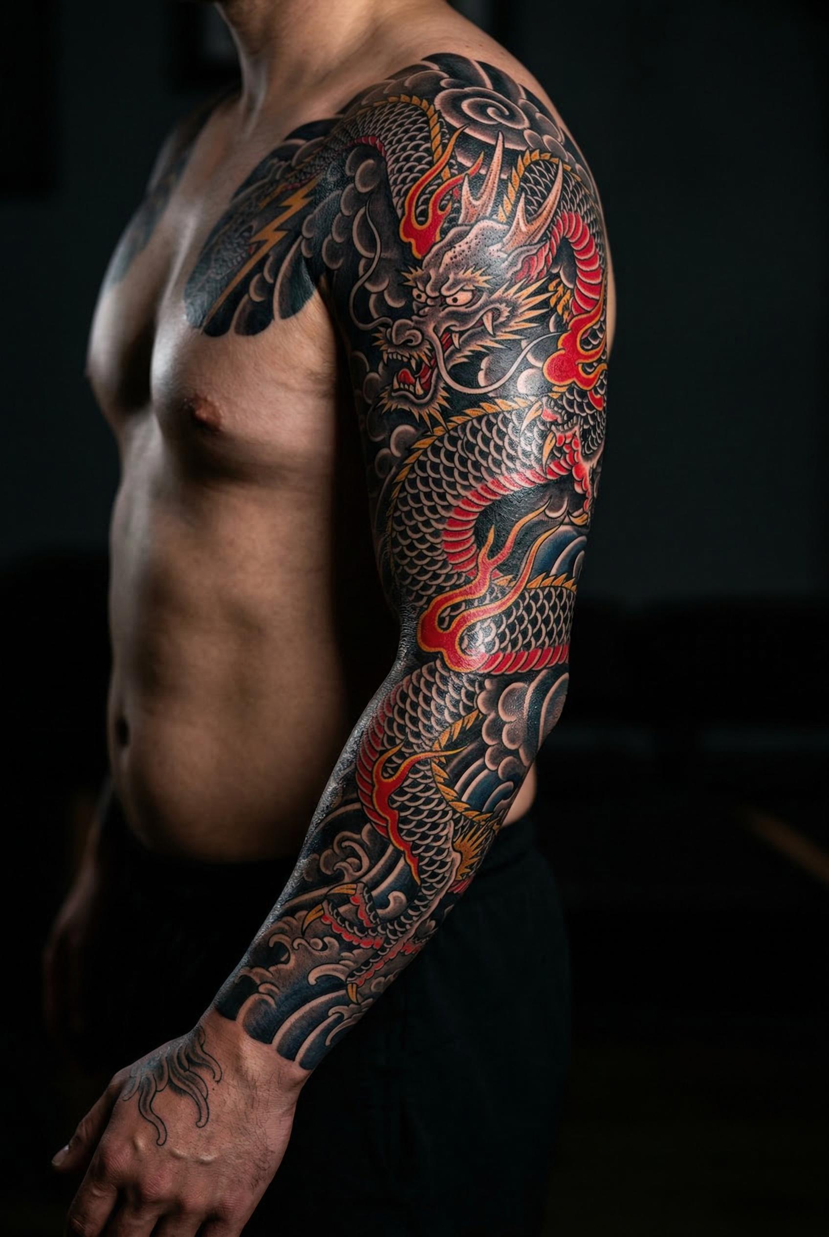 A full-arm Japanese dragon tattoo wrapping from hand to shoulder in traditional ukiyo-e style, the dragon coiling upward
