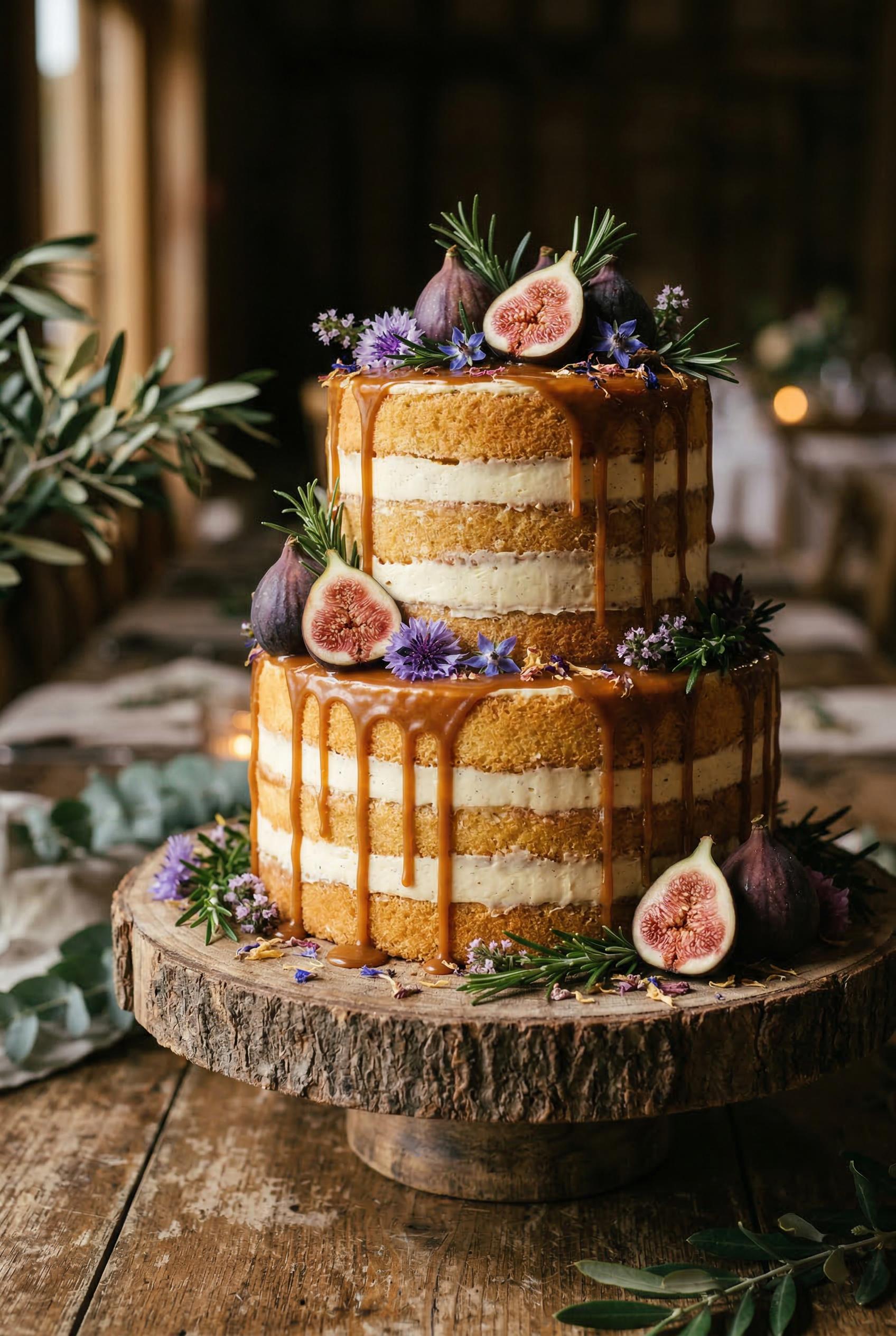 A close-up shot of a rustic naked wedding cake with exposed layers of golden sponge and cream filling, dripping caramel