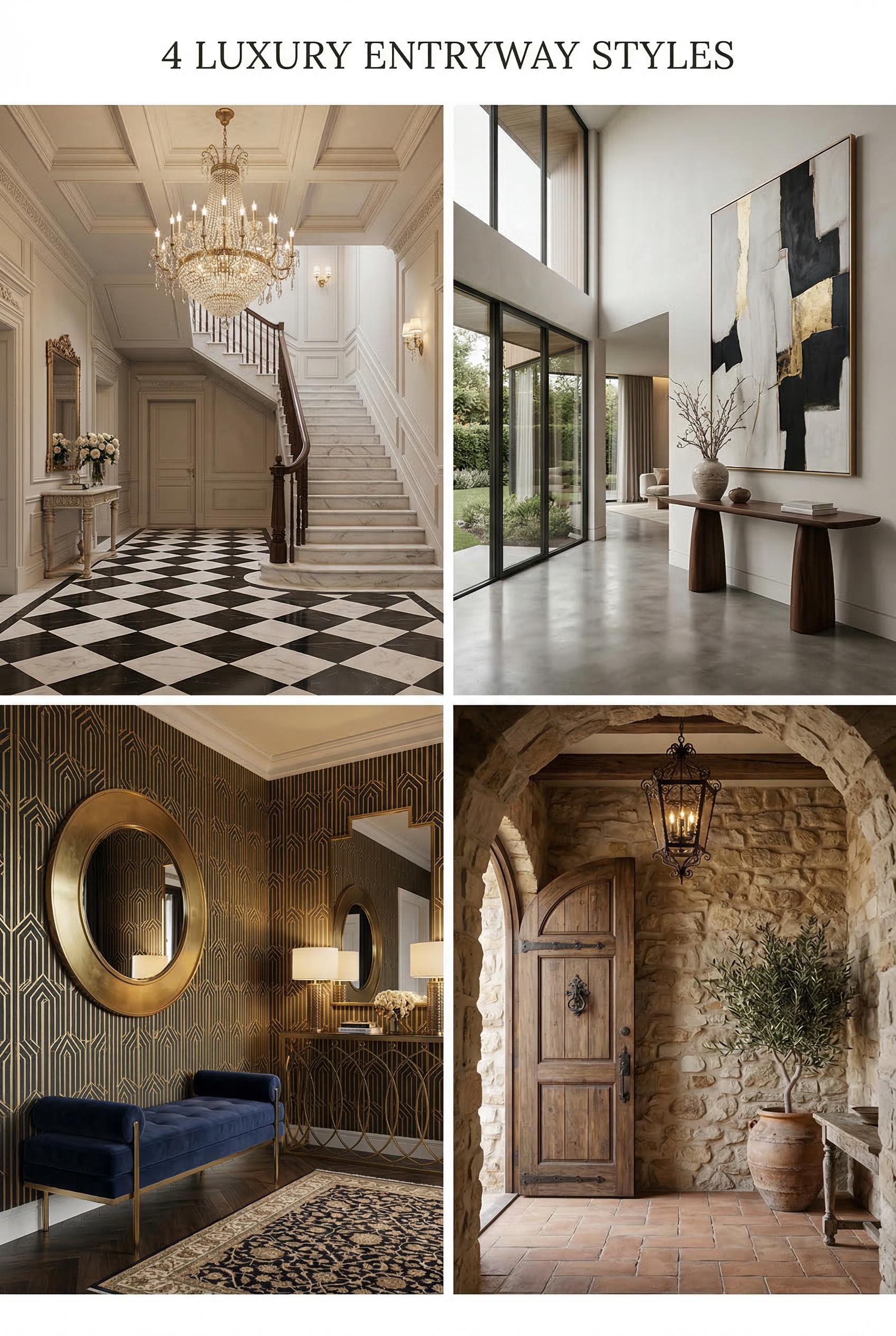 A 2x2 grid layout showing four luxury home entryway designs, each in its own panel with consistent warm lighting. Top-le