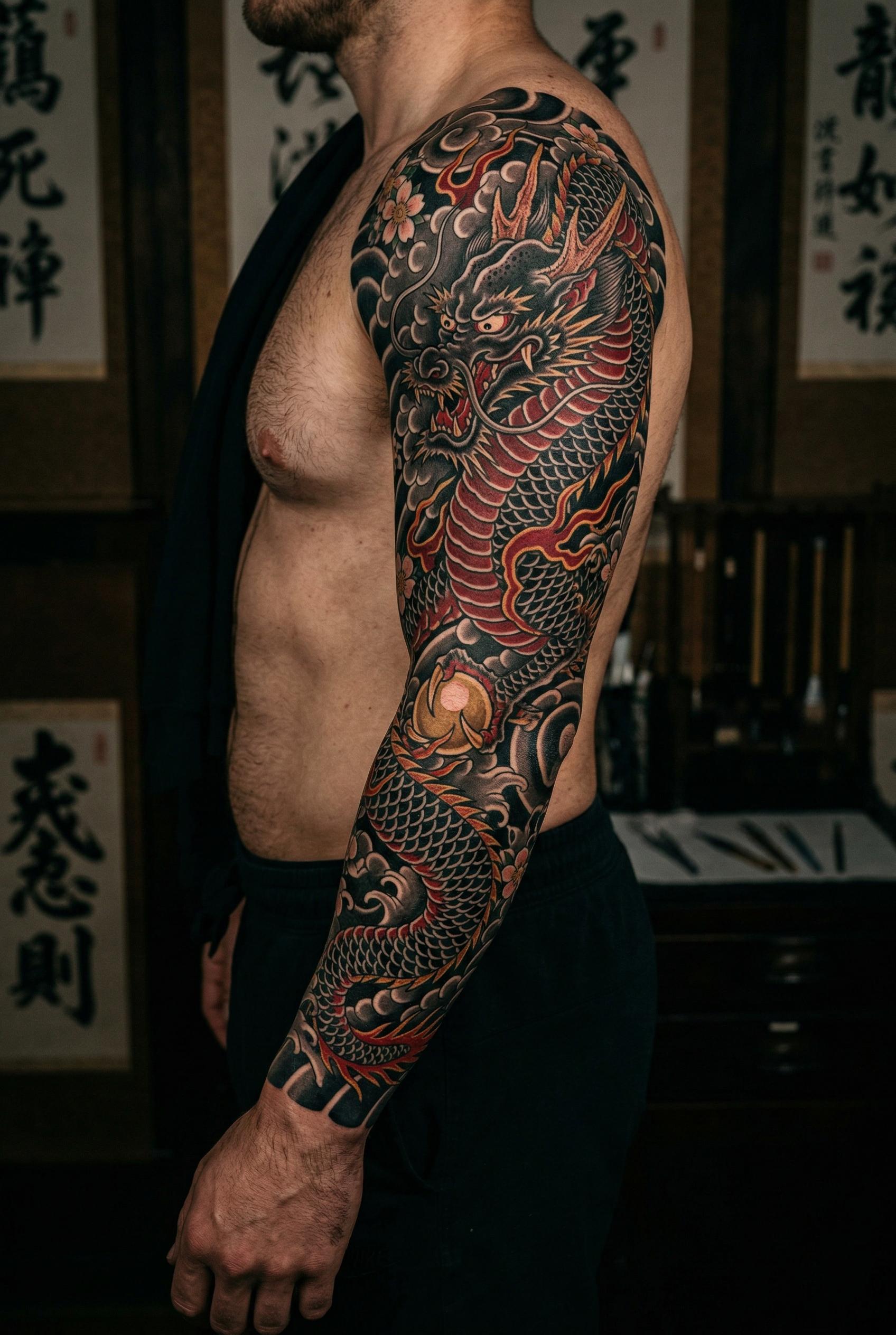 A full-arm Japanese dragon tattoo wrapping from hand to shoulder in traditional ukiyo-e style, the dragon coiling upward
