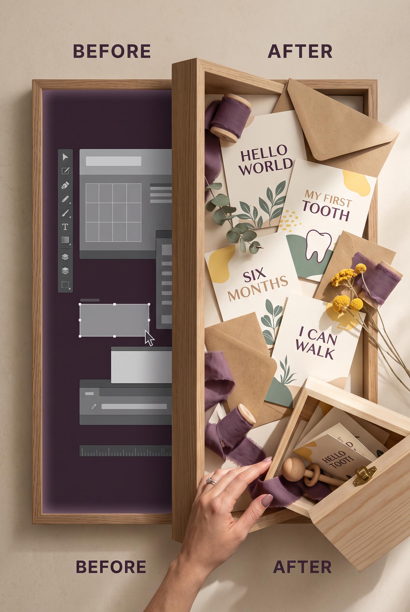 Create a commercial-quality vertical 2:3 Pinterest composition showing a before-and-after transforma