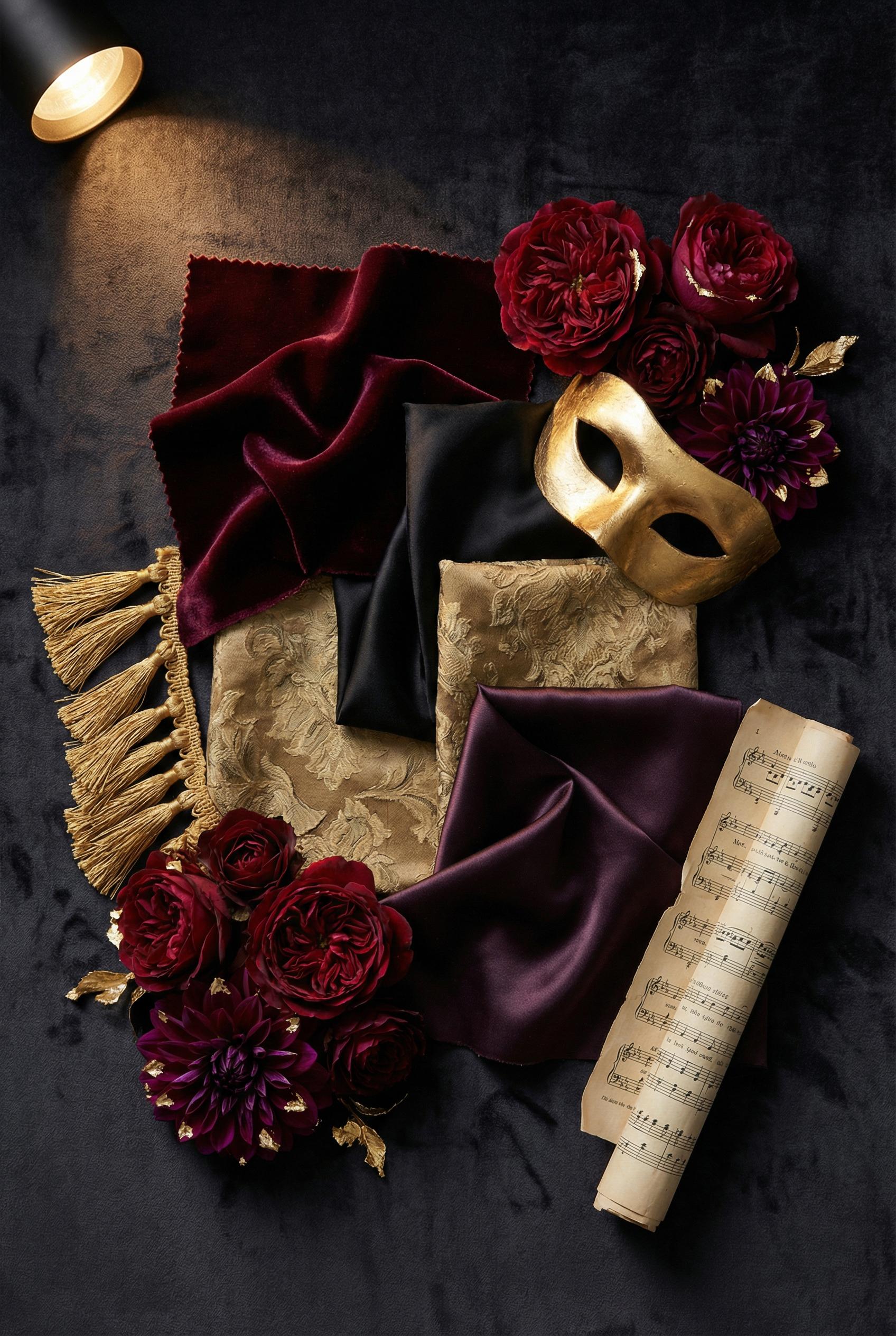 A luxurious mood board layout showcasing the Opera Aesthetic wedding palette on a deep charcoal velvet background. Rich 