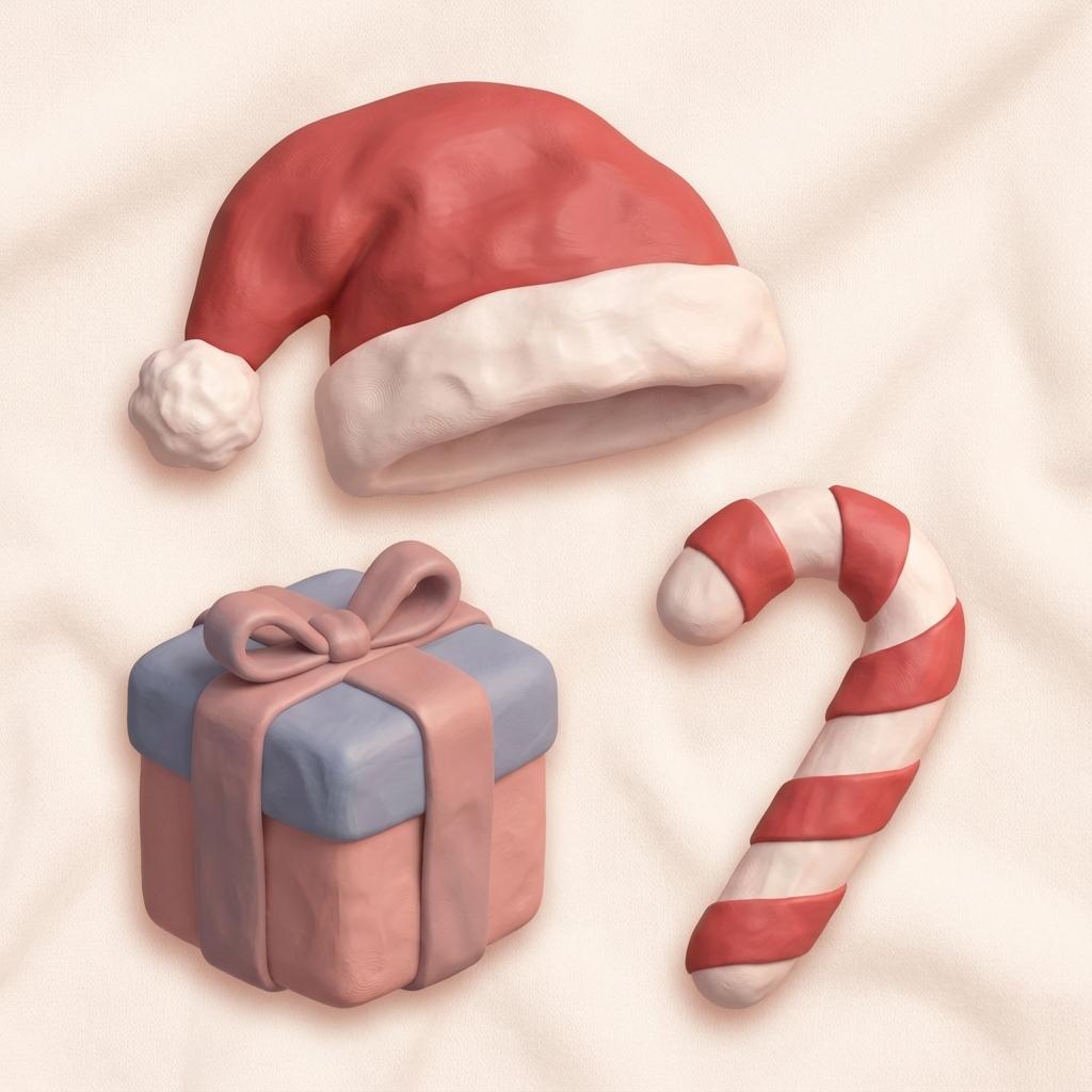 Claymation style Christmas icons, soft 3D shapes, Santa hat, gift box, candy cane, warm pastel colors, playful rounded f