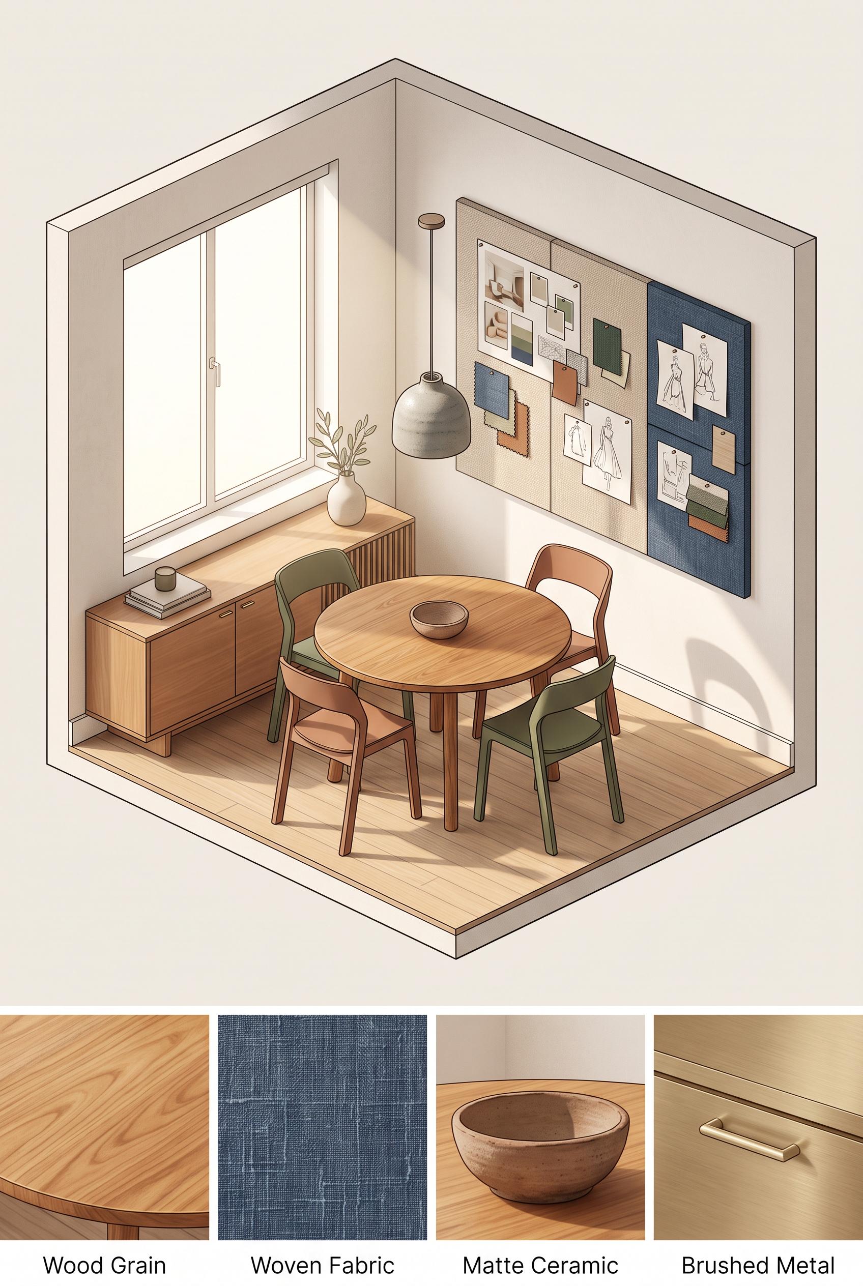 Create a commercial-quality interior design showcase in a vertical 2:3 Pinterest composition. Use an