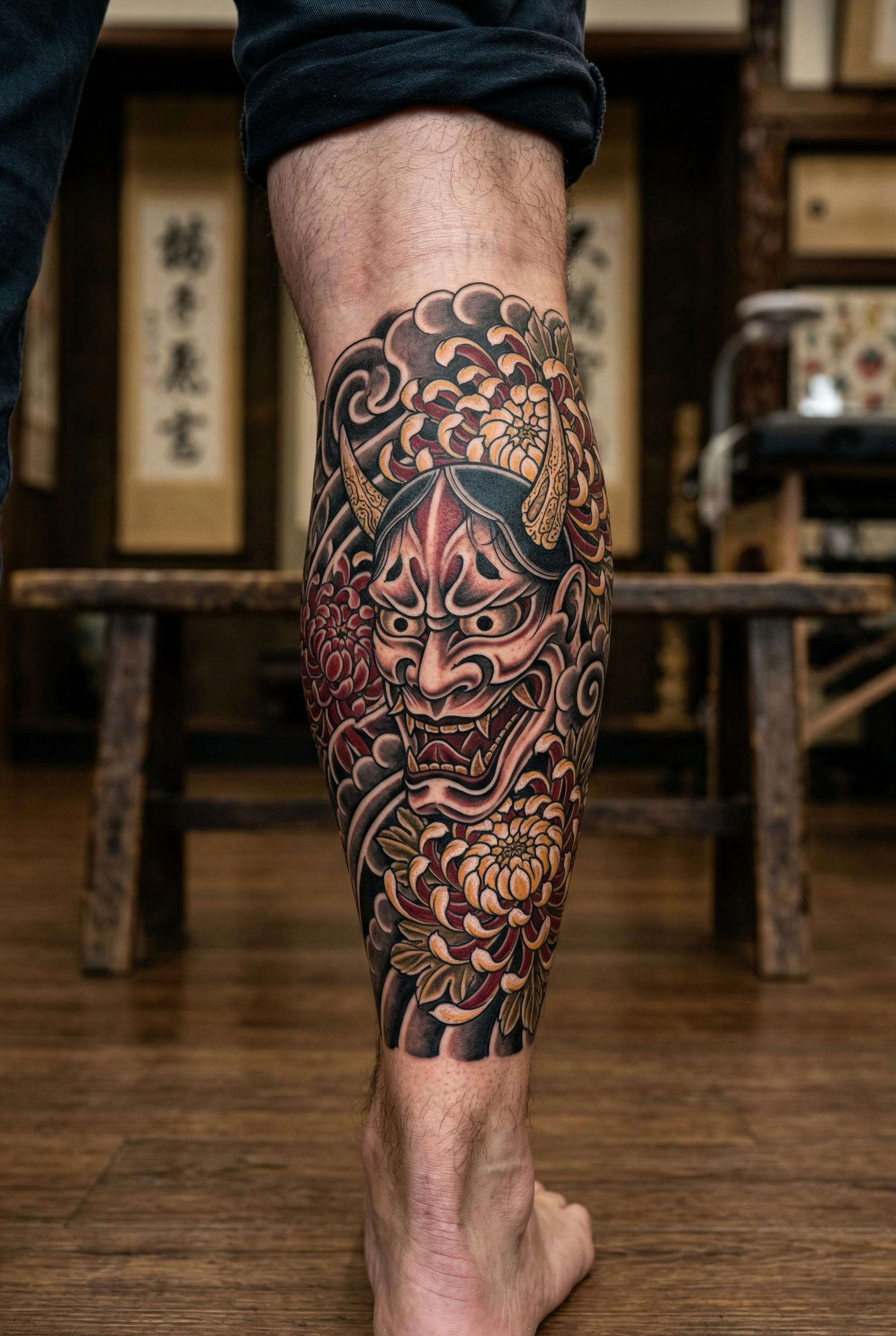 A traditional Japanese hannya mask tattoo on the calf paired with chrysanthemum flowers, the mask rendered with fierce e