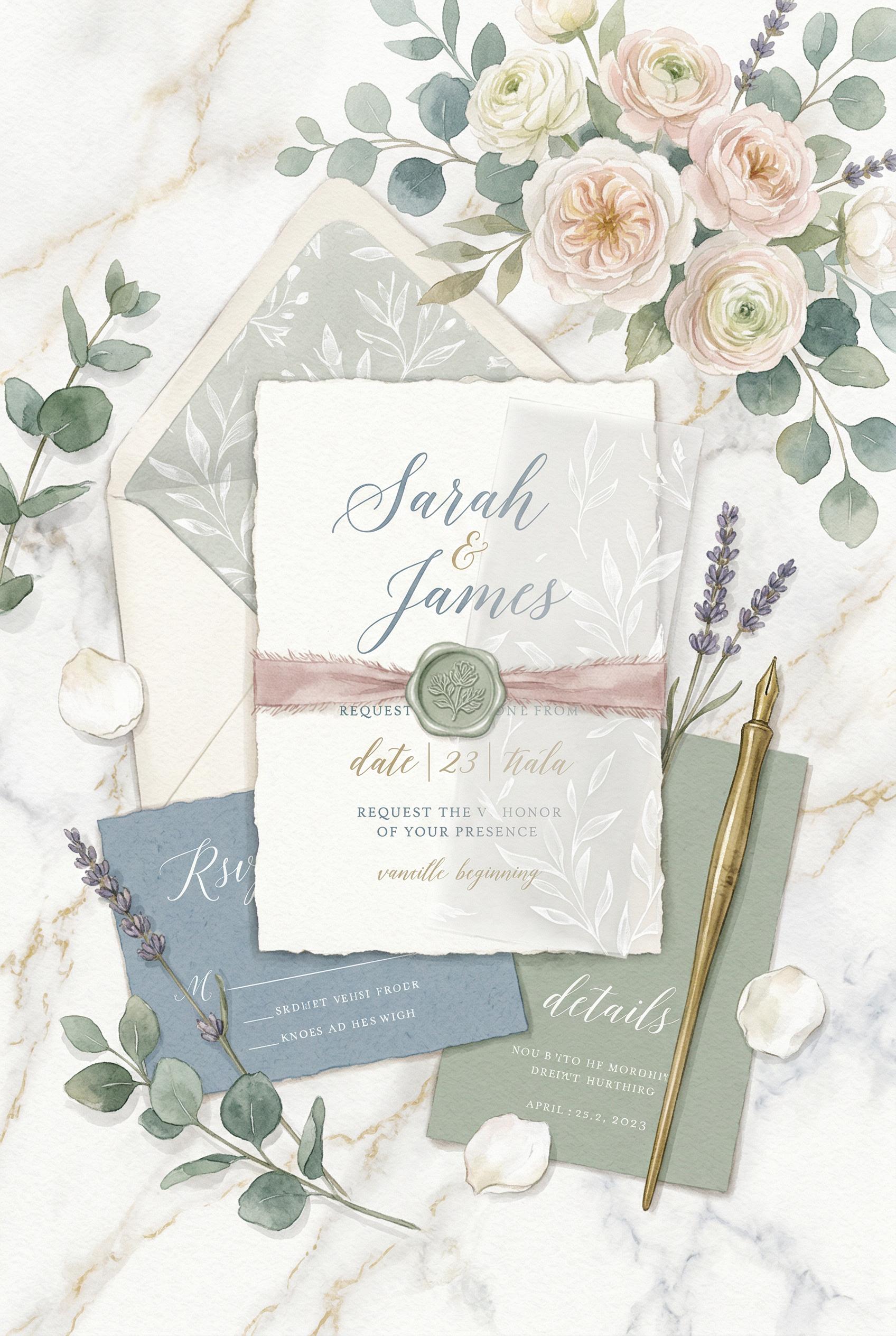 Pinterest-friendly wedding invitation ideas, luxury tabletop arrangement with layered paper textures, inspired by curren