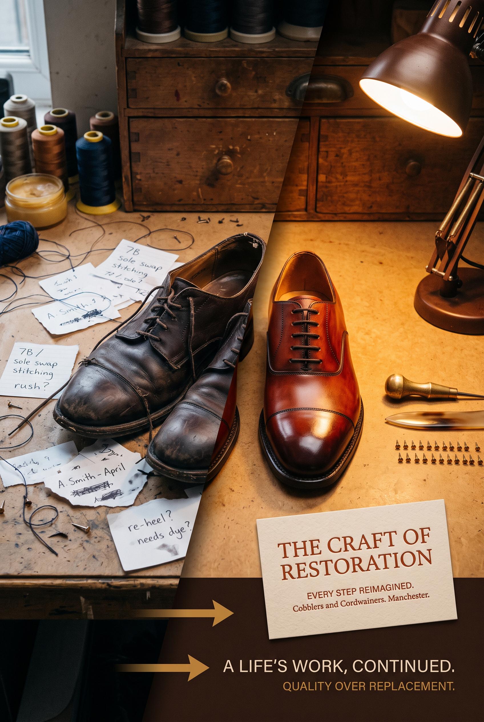 Create a commercial-quality vertical 2:3 Pinterest composition for an independent shoe repair studio