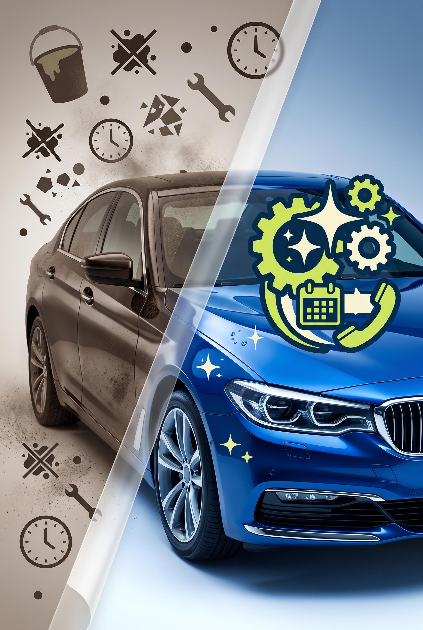 Commercial-quality Pinterest marketing visual for an independent auto detailing service, vertical 2:3 compo...