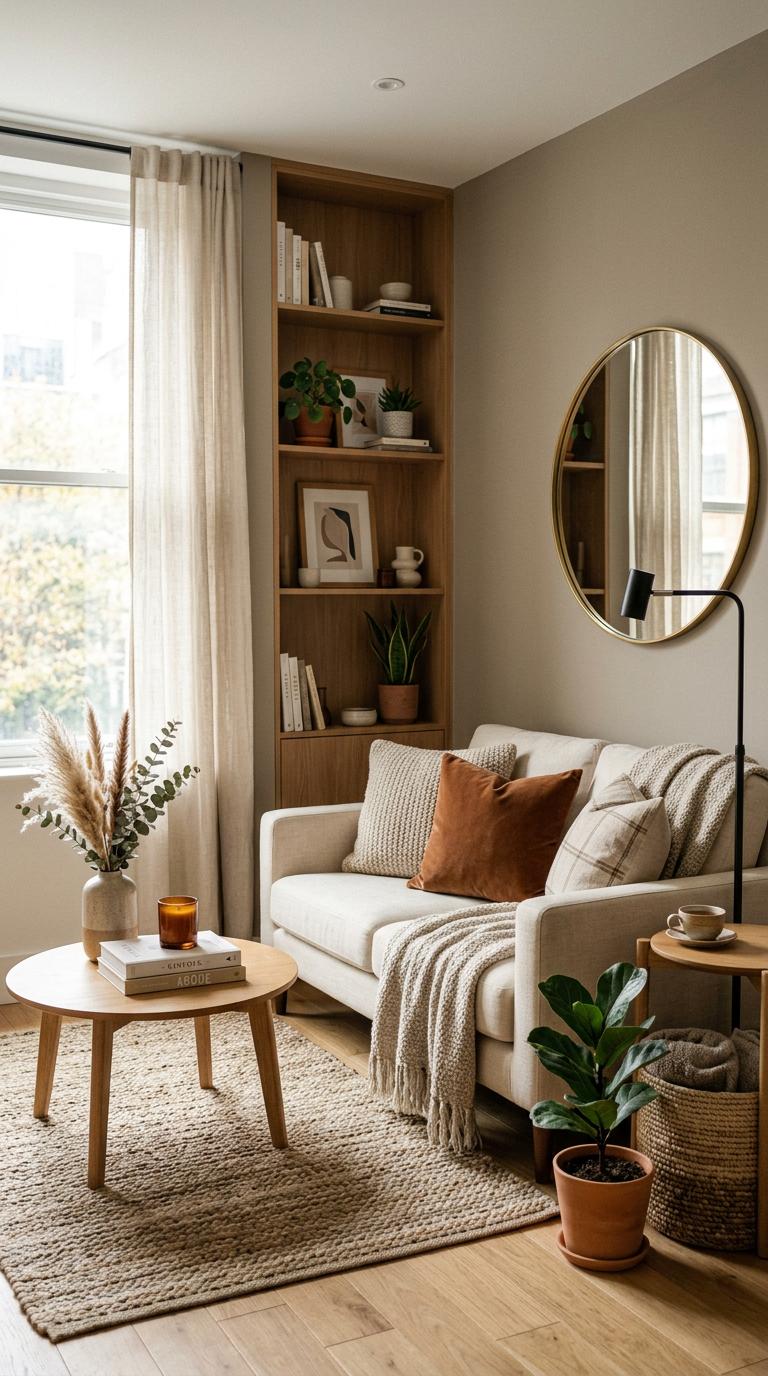 Create a premium vertical Pinterest pin for small apartment decor ideas, featuring stylish compact living area, layered