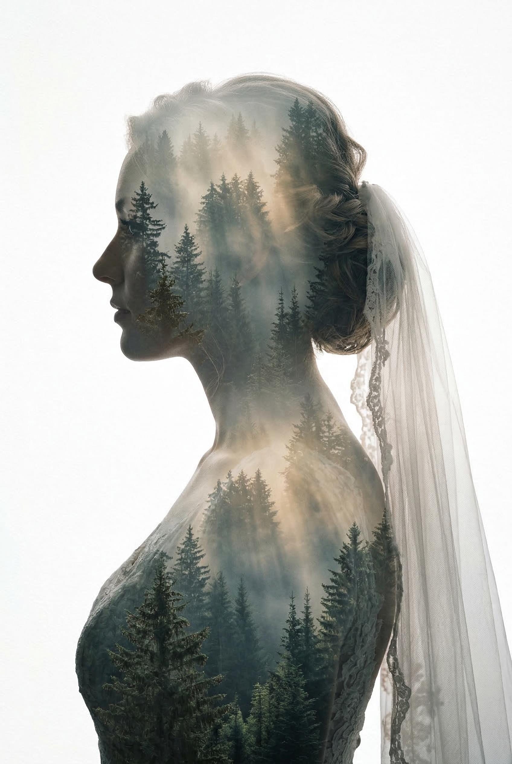 A dreamlike double exposure portrait blending a bride's side profile silhouette with a misty pine forest landscape. The 