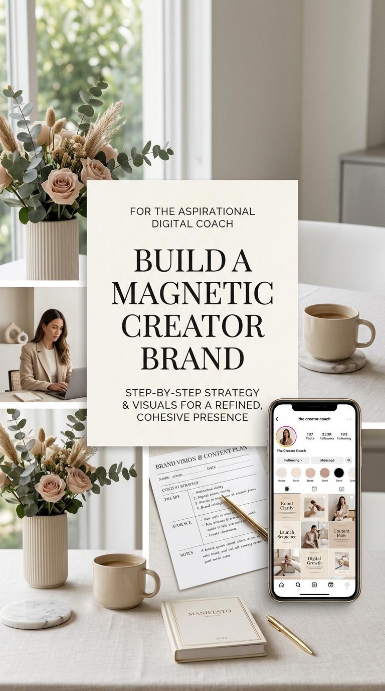 Premium creator-branding Pinterest pin in a refined editorial style: a luxe, feminine-neutral personal brand moodboard f
