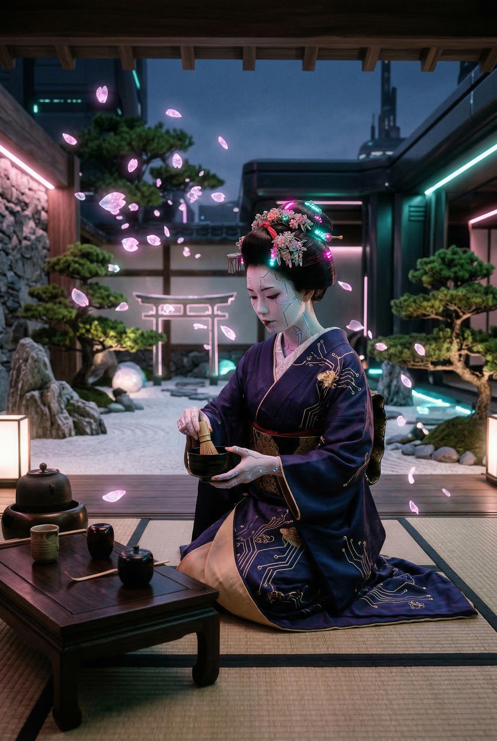 A cybernetic geisha with porcelain-white synthetic skin and subtle glowing circuit-line tattoos on her face and hands pe