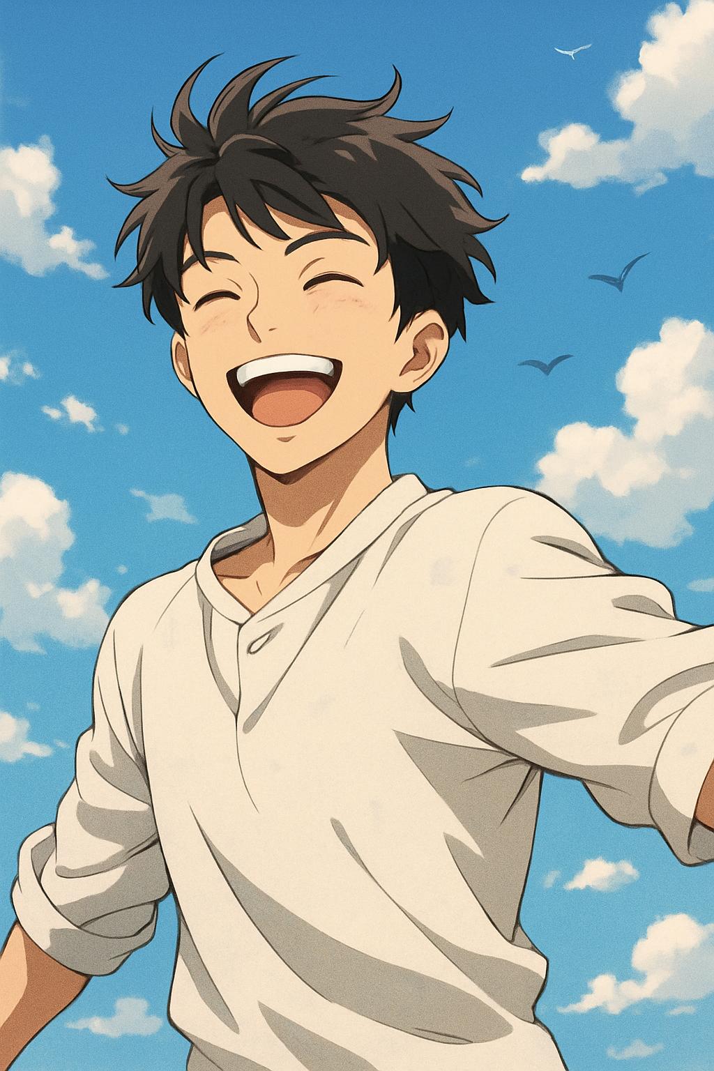 Young man with short, windswept dark hair, vibrant and joyful expression with a wide, toothy grin, w