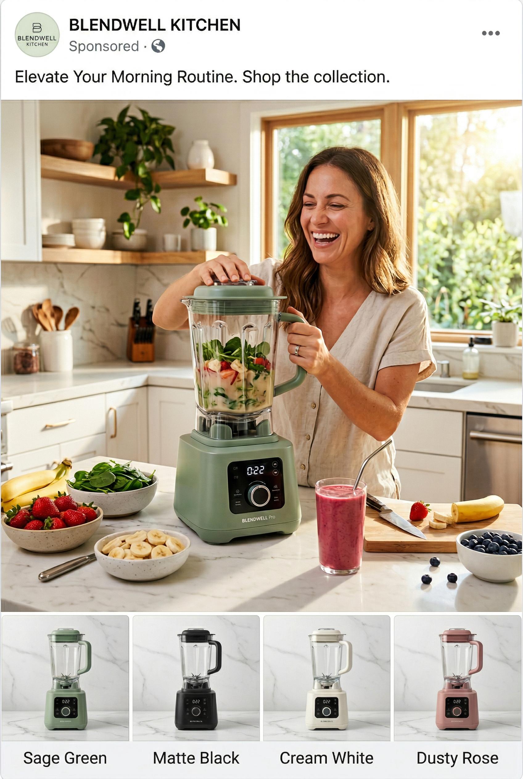 A dynamic Facebook collection ad layout with a large hero image on top showing a woman in a bright modern sunlit kitchen