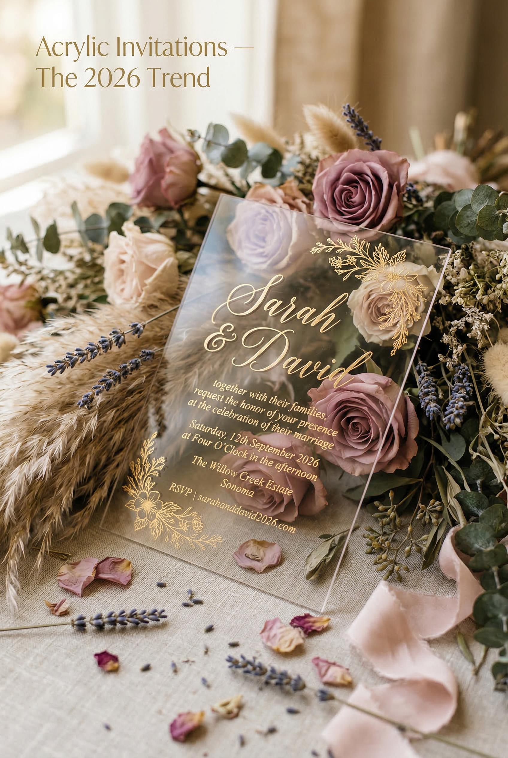 A transparent acrylic wedding invitation with elegant gold calligraphy script text, displayed at a s