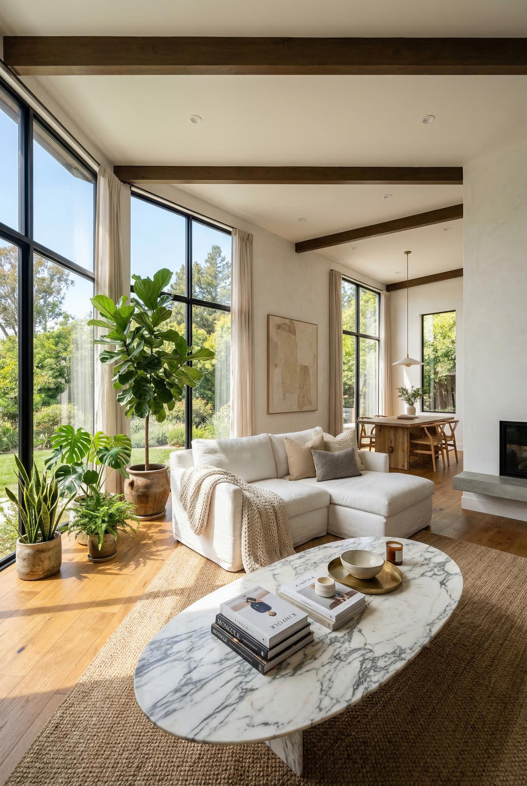 A sunlit open-plan living room with floor-to-ceiling windows flooding the space with natural daylight, a large white sectional sofa with soft linen cushions, warm honey oak hardwood floors, and a statement oval marble coffee table with grey veining. Indoor plants including a tall fiddle leaf fig in a ceramic pot sit near the windows. The walls are painted warm white, with a subtle textured plaster finish. Shot from a wide angle at eye level, architectural interior photography style, natural warm tones, ultra realistic, 8K quality. Render in Photorealistic style.
