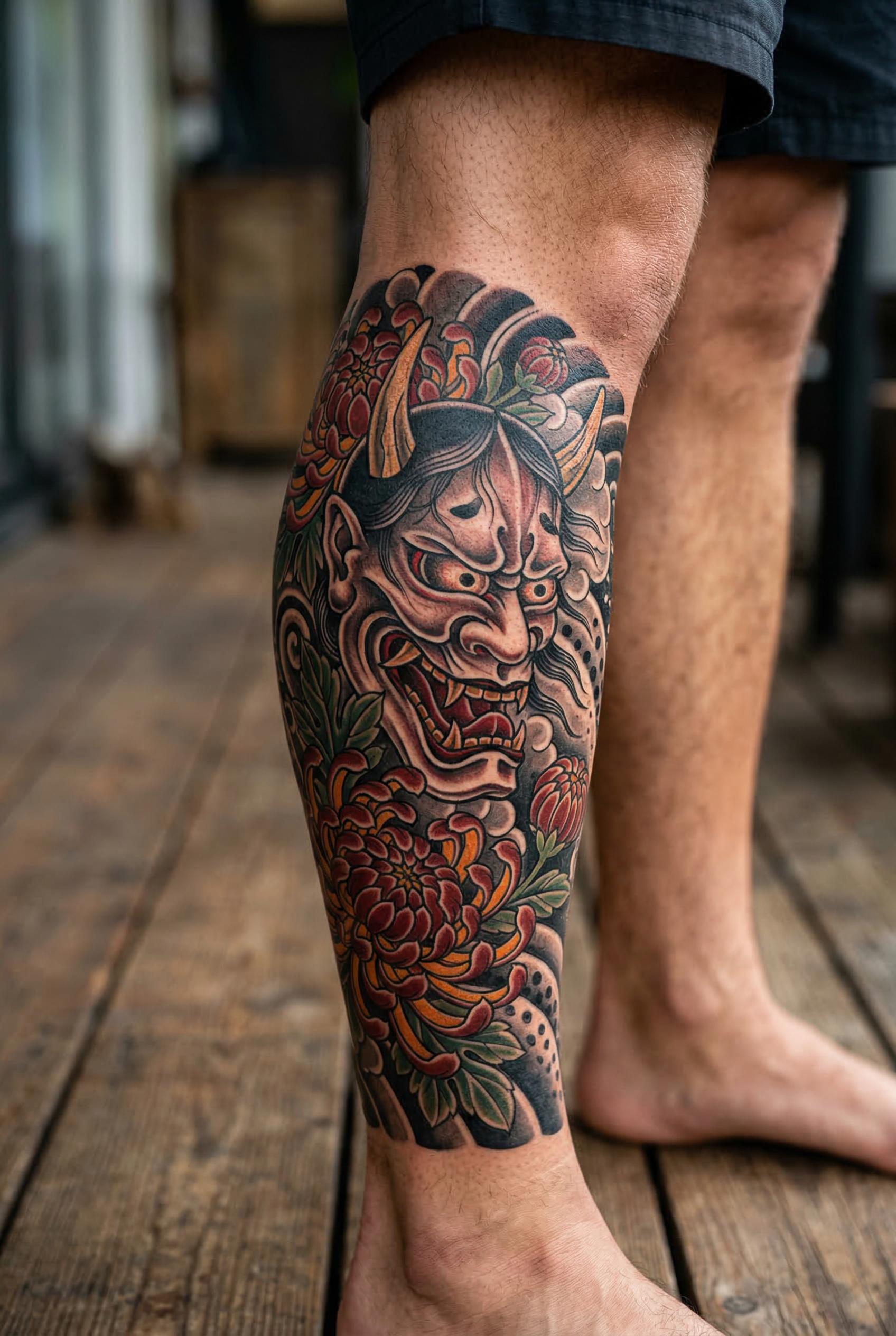 A traditional Japanese hannya mask tattoo on the calf paired with chrysanthemum flowers, the mask rendered with fierce e
