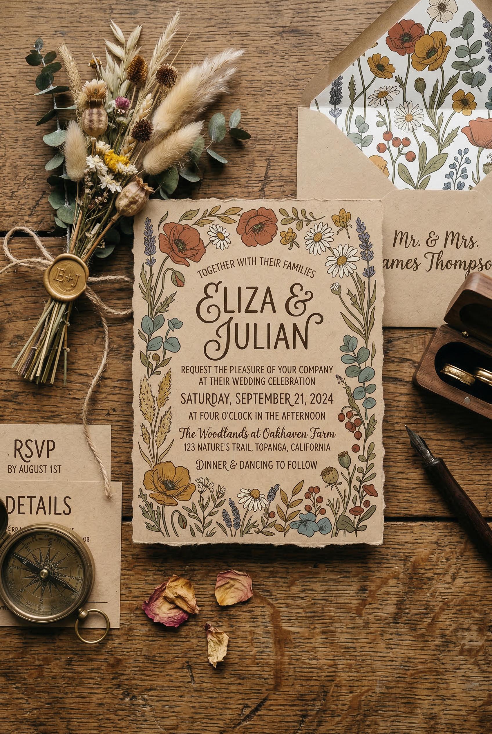 A bohemian wedding invitation with hand-drawn wildflower illustrations, earth tone colors, rustic kraft paper, whimsical