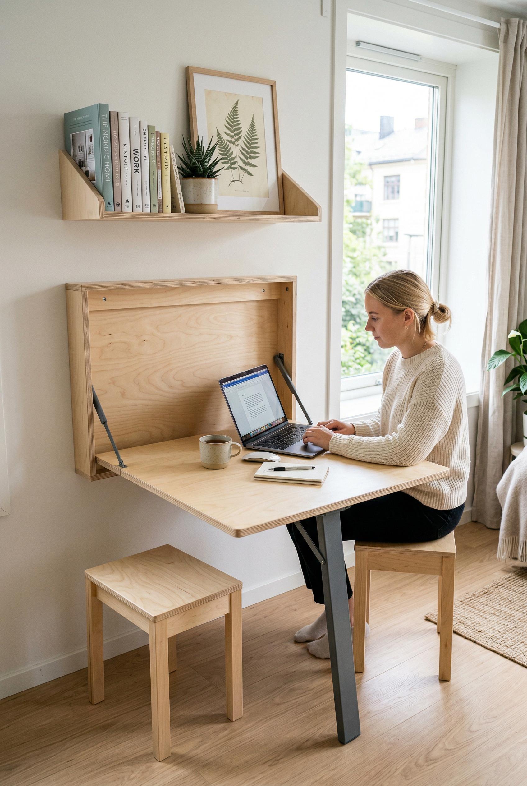 A clever convertible dining-to-workspace setup in a small apartment featuring a wall-mounted birch plywood drop-leaf tab