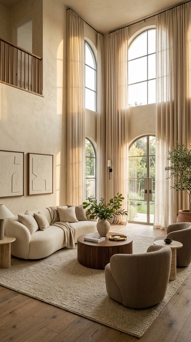 Ultra-premium interior design editorial photograph of a serene contemporary living room, double-height space with warm l