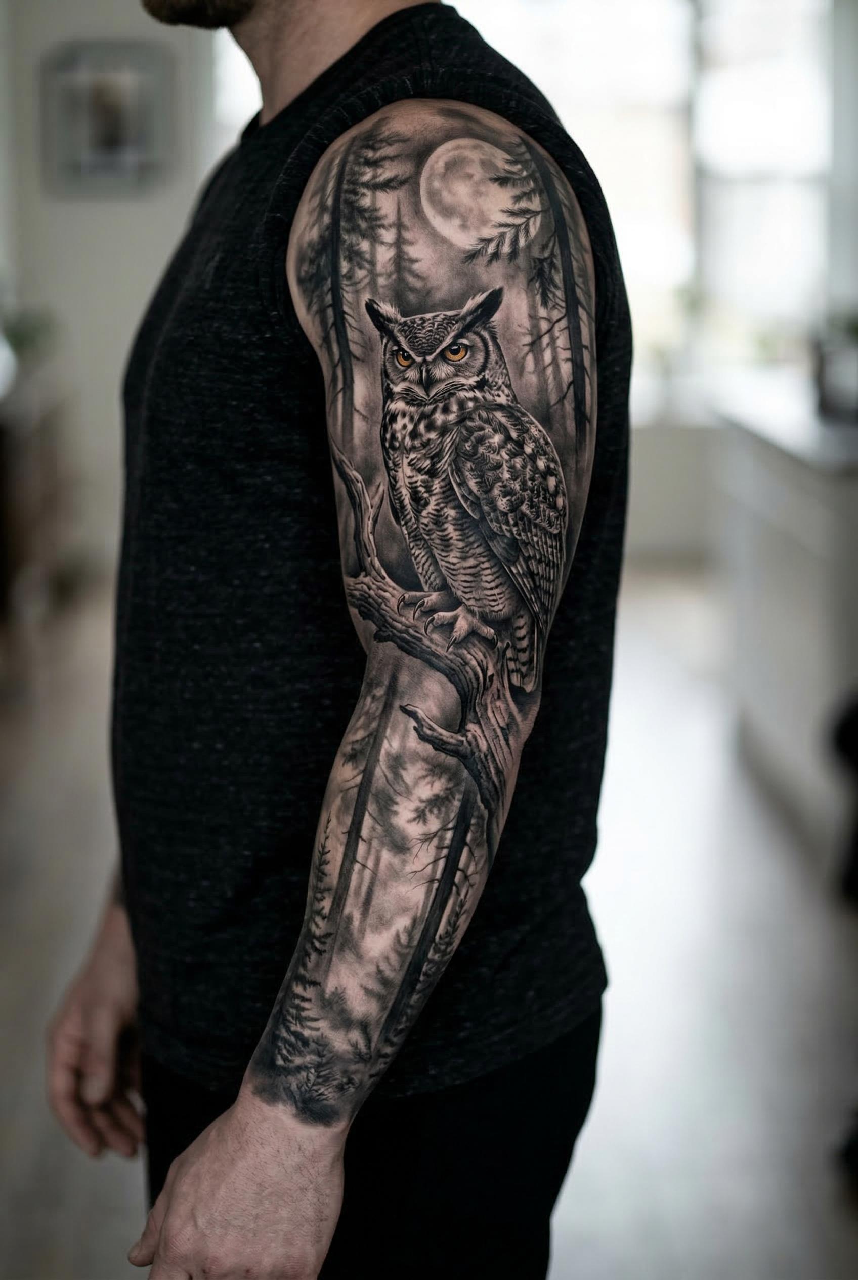 A dark atmospheric full sleeve tattoo featuring a realistic great horned owl perched on a gnarled tree branch in a misty