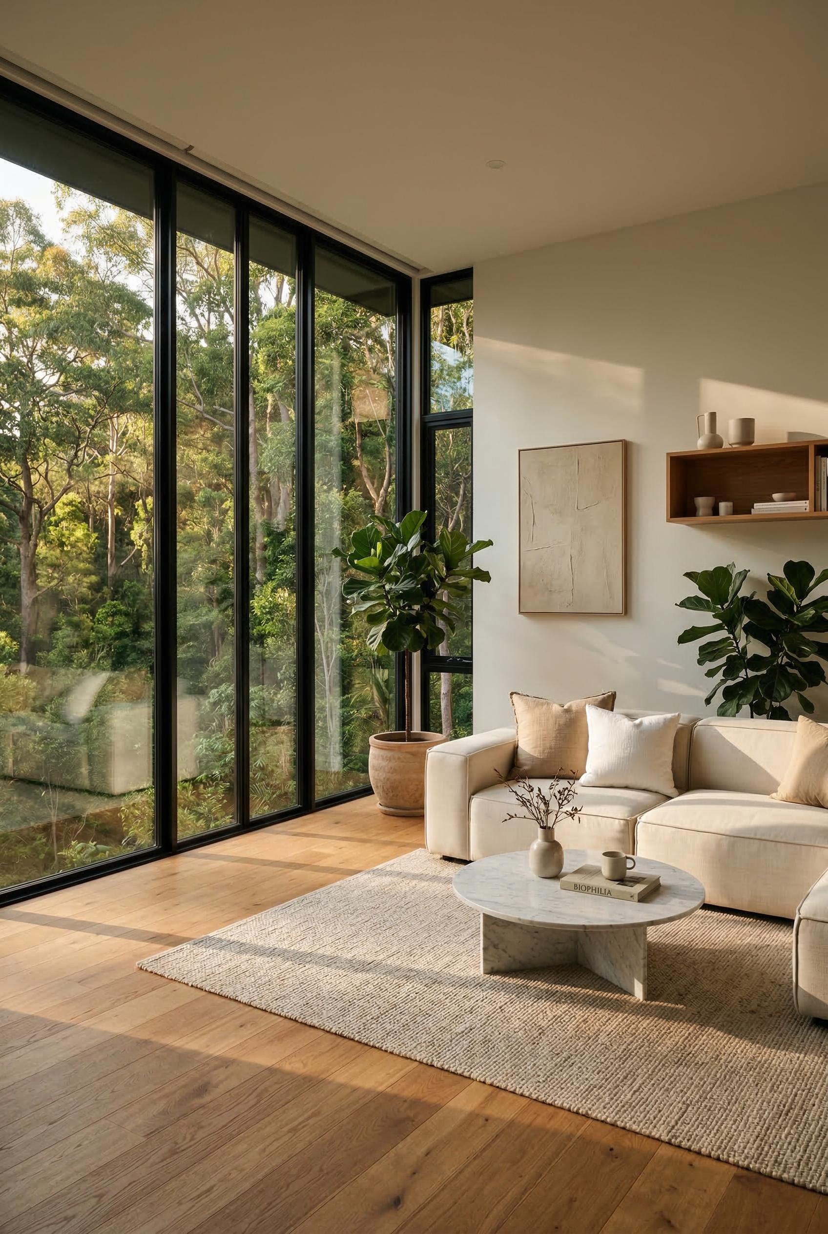 A modern minimalist living room with floor-to-ceiling windows overlooking a forest, warm oak hardwood floors, a low-profile cream sofa, natural linen cushions, a round marble coffee table, warm afternoon sunlight casting long shadows, neutral color palette with beige and white tones, indoor plants, architectural photography style, ultra realistic. Render in Photorealistic and Cinematic style.