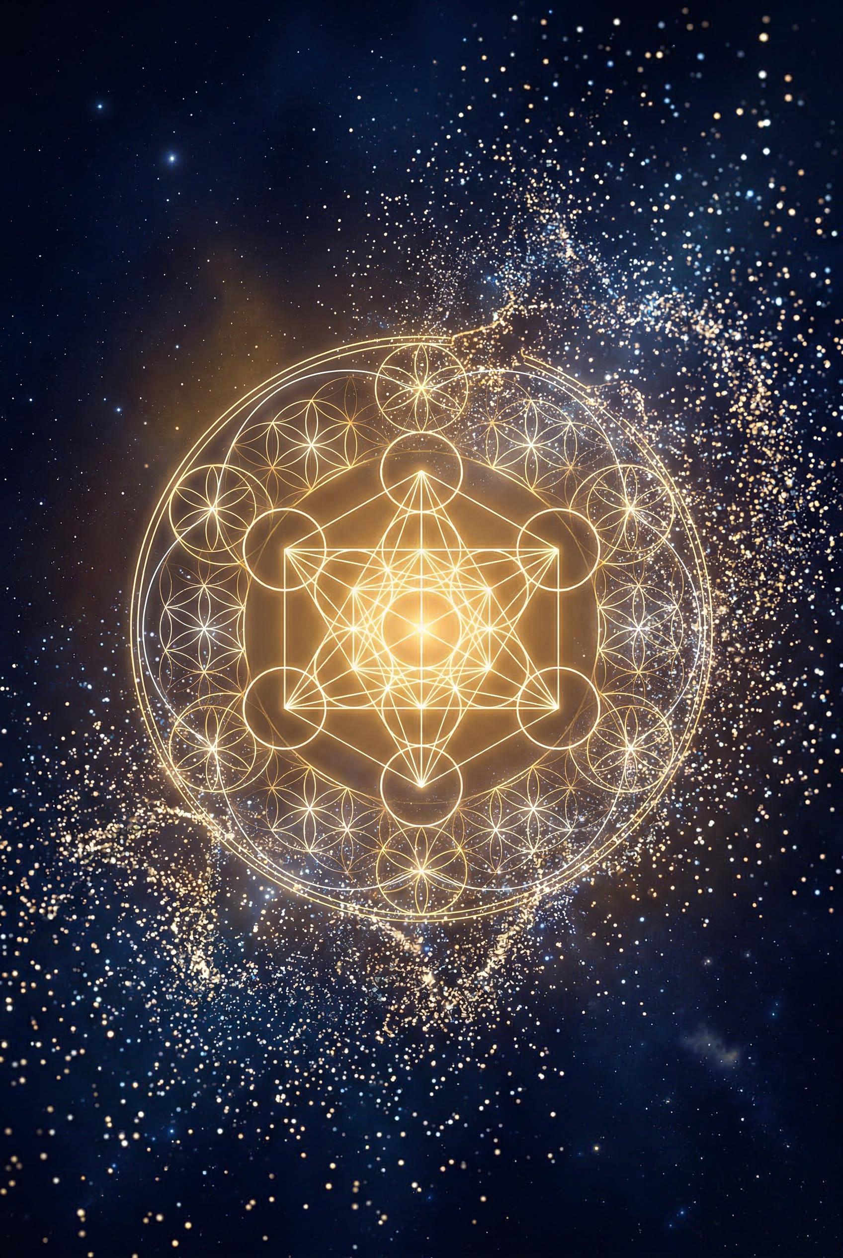 An intricate sacred geometry mandala composed of perfectly precise golden ratio spirals, flower of life patterns, and Me