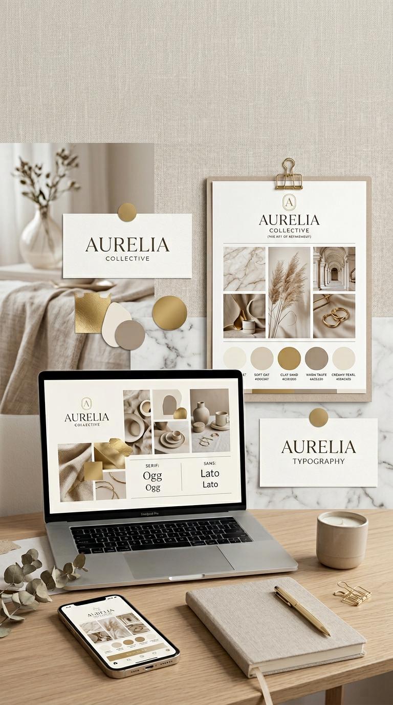 Create a premium vertical Pinterest pin for creator moodboards with a luxury feel, featuring elegant brand boards, lapto