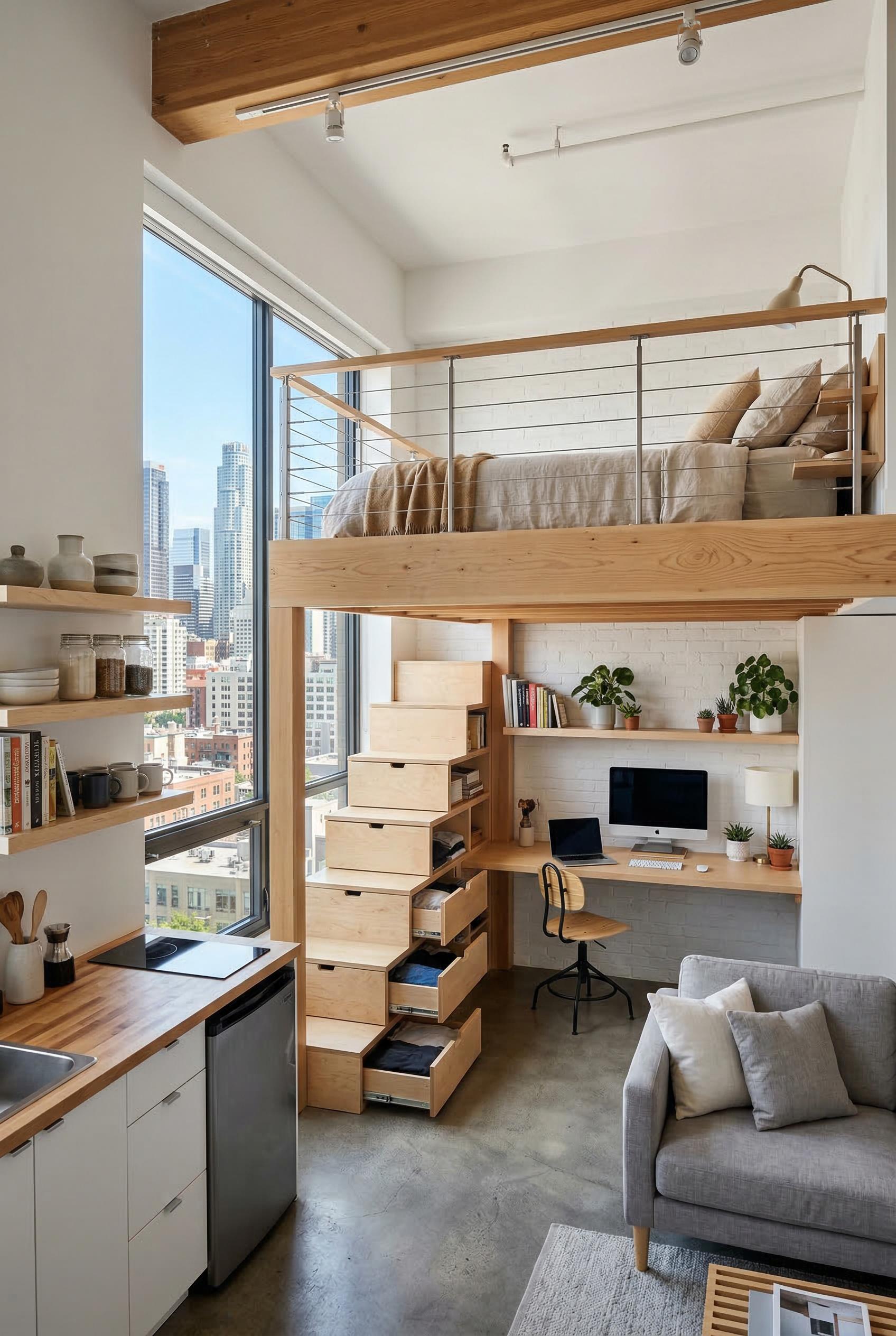 A clever small studio apartment with a loft bed above a home office nook, pull-out storage stairs, a compact kitchen wit