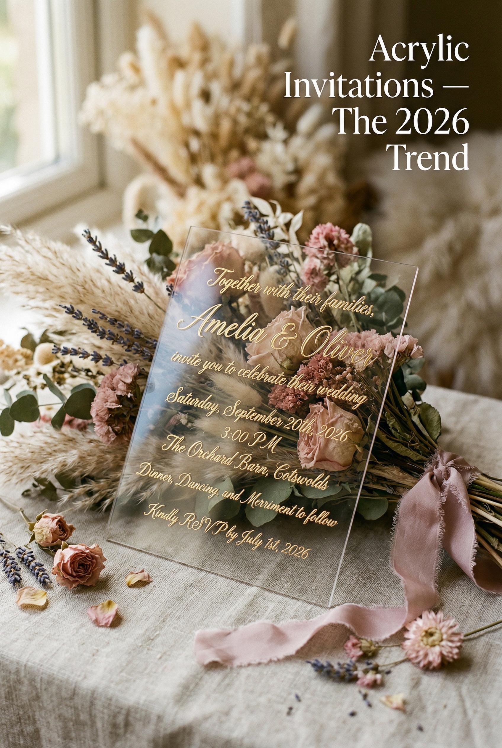 A transparent acrylic wedding invitation with elegant gold calligraphy script text, displayed at a slight angle on a lus