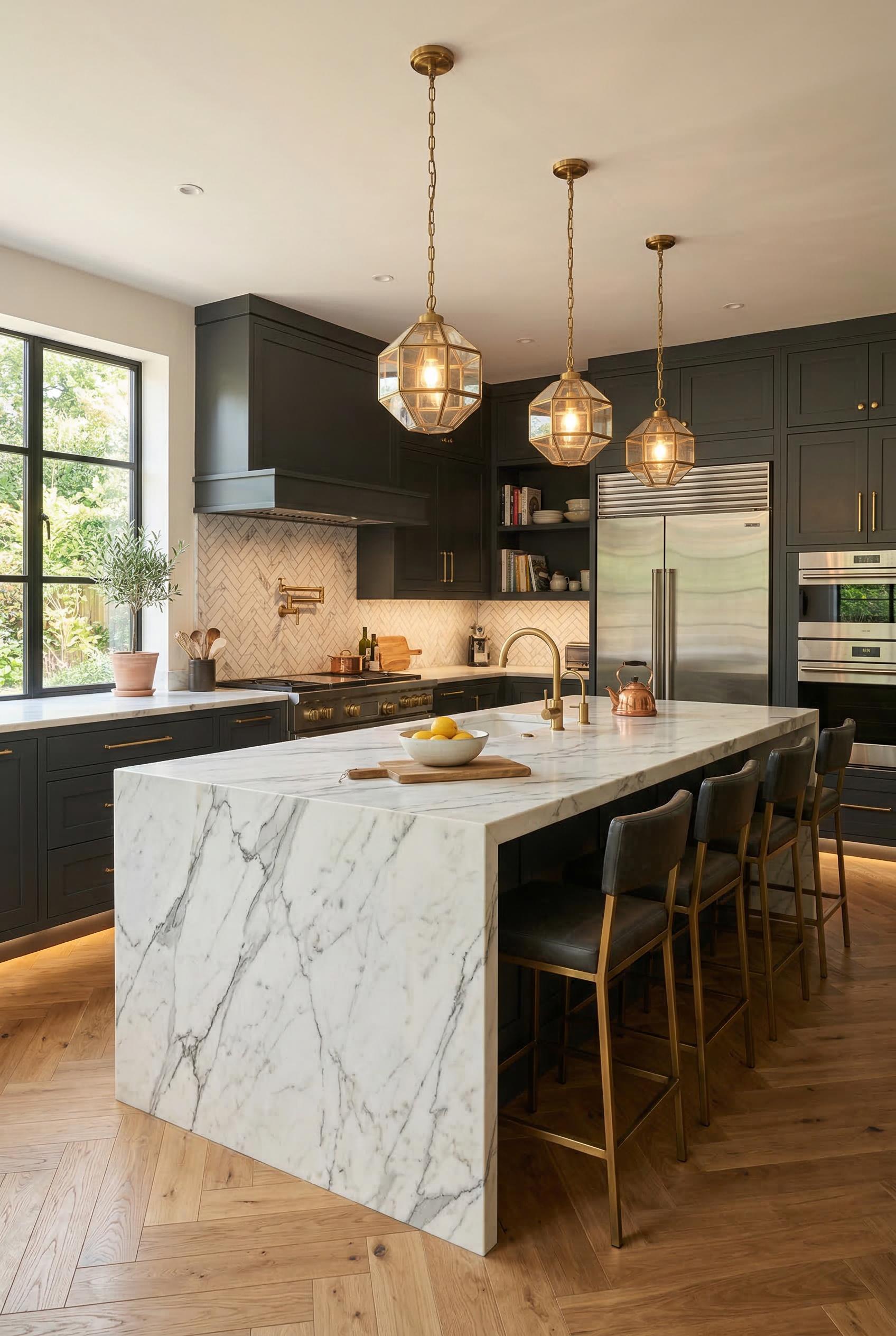 A luxury modern kitchen with a large white marble waterfall island, dark charcoal cabinets, brass pendant lights, herringbone backsplash, high-end appliances, warm ambient lighting, editorial interior photography, ultra realistic. Render in Photorealistic style.
