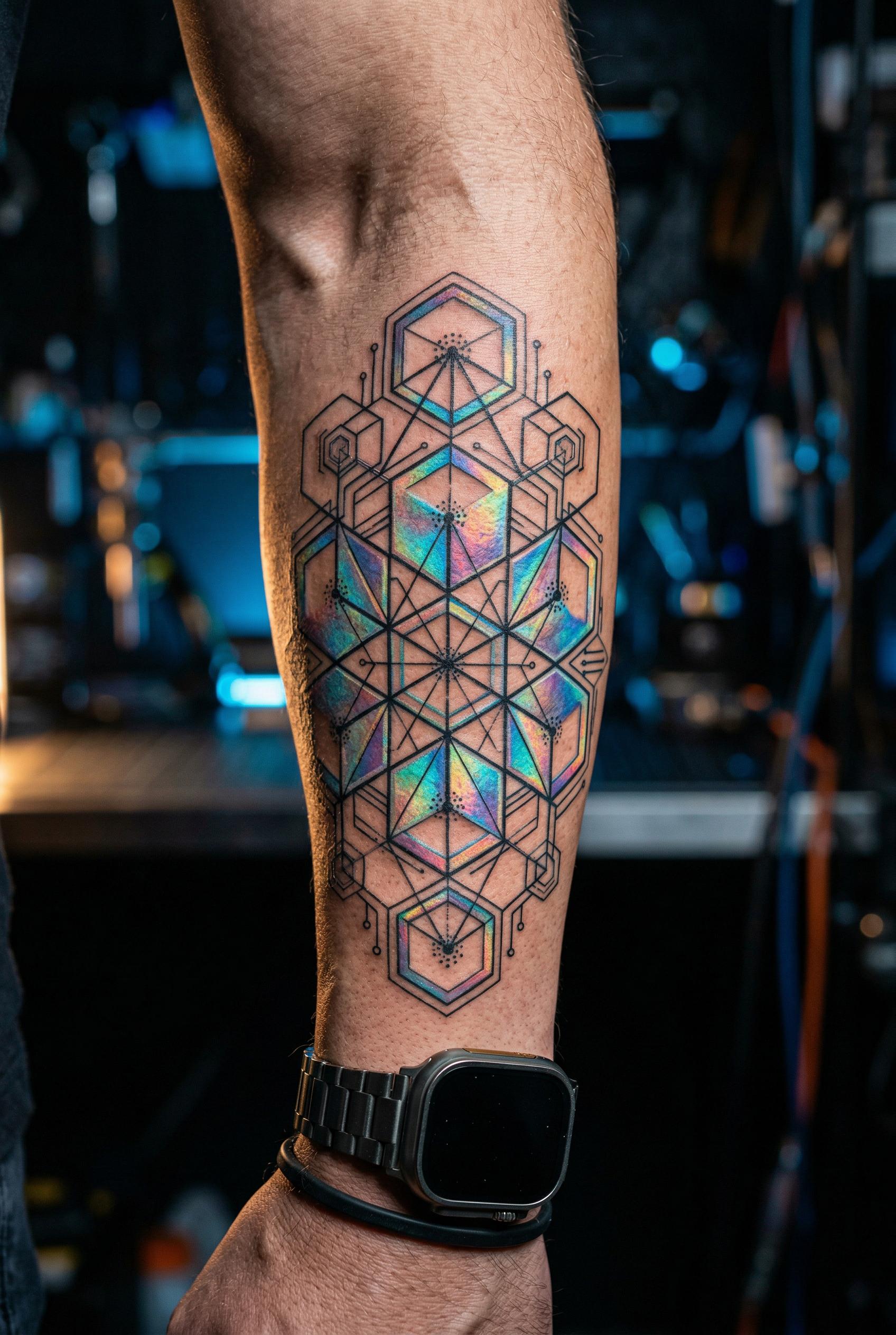A futuristic tech-inspired tattoo on the outer forearm featuring a holographic geometric pattern — interlocking hexagons