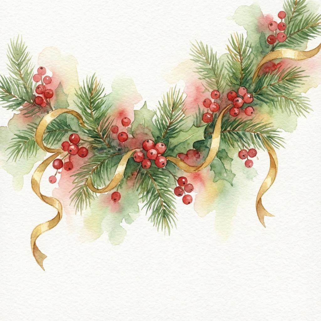 Watercolor illustration of Christmas garland with pine branches, red berries, and gold ribbons, soft washes and gentle g