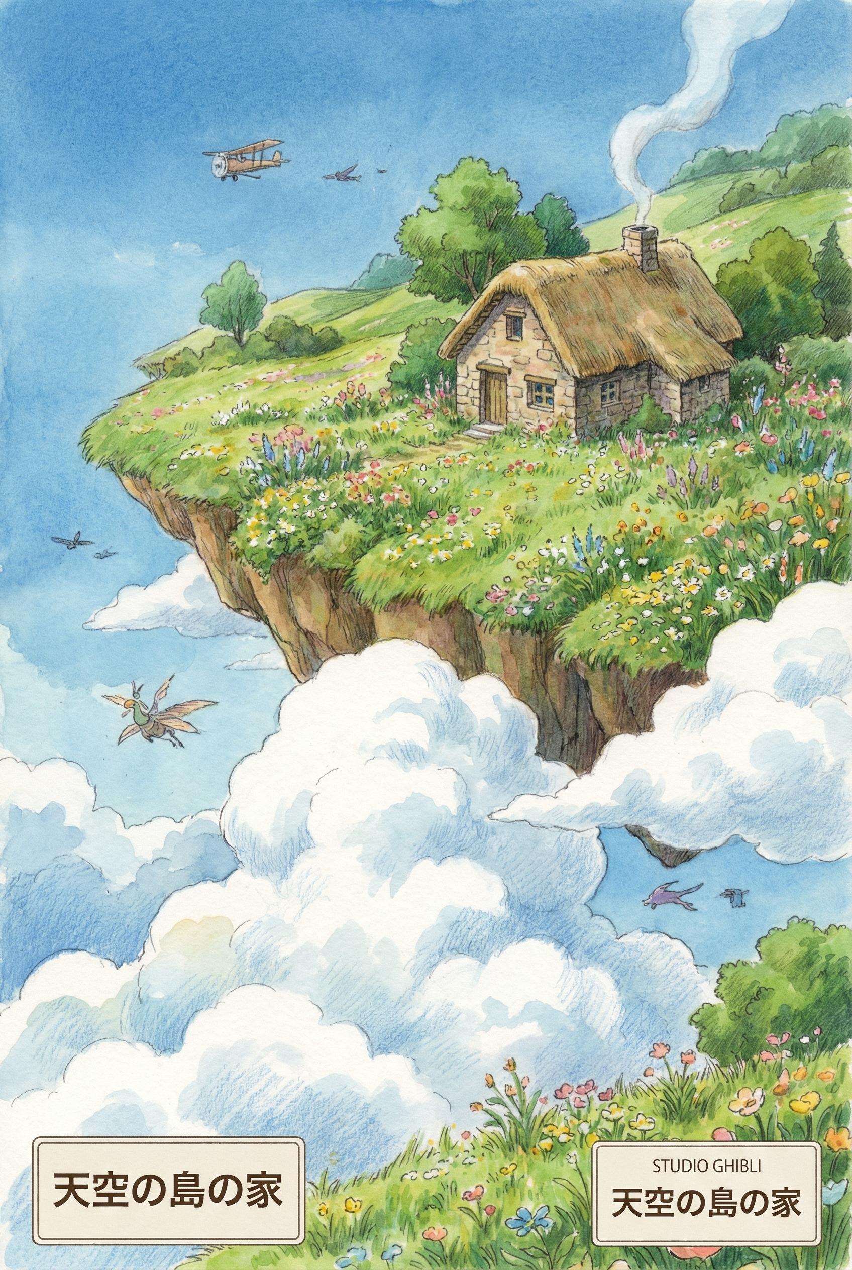Studio Ghibli Style AI image: A breathtaking landscape of a floating island in the sky covered in lush green grass and wildflowers