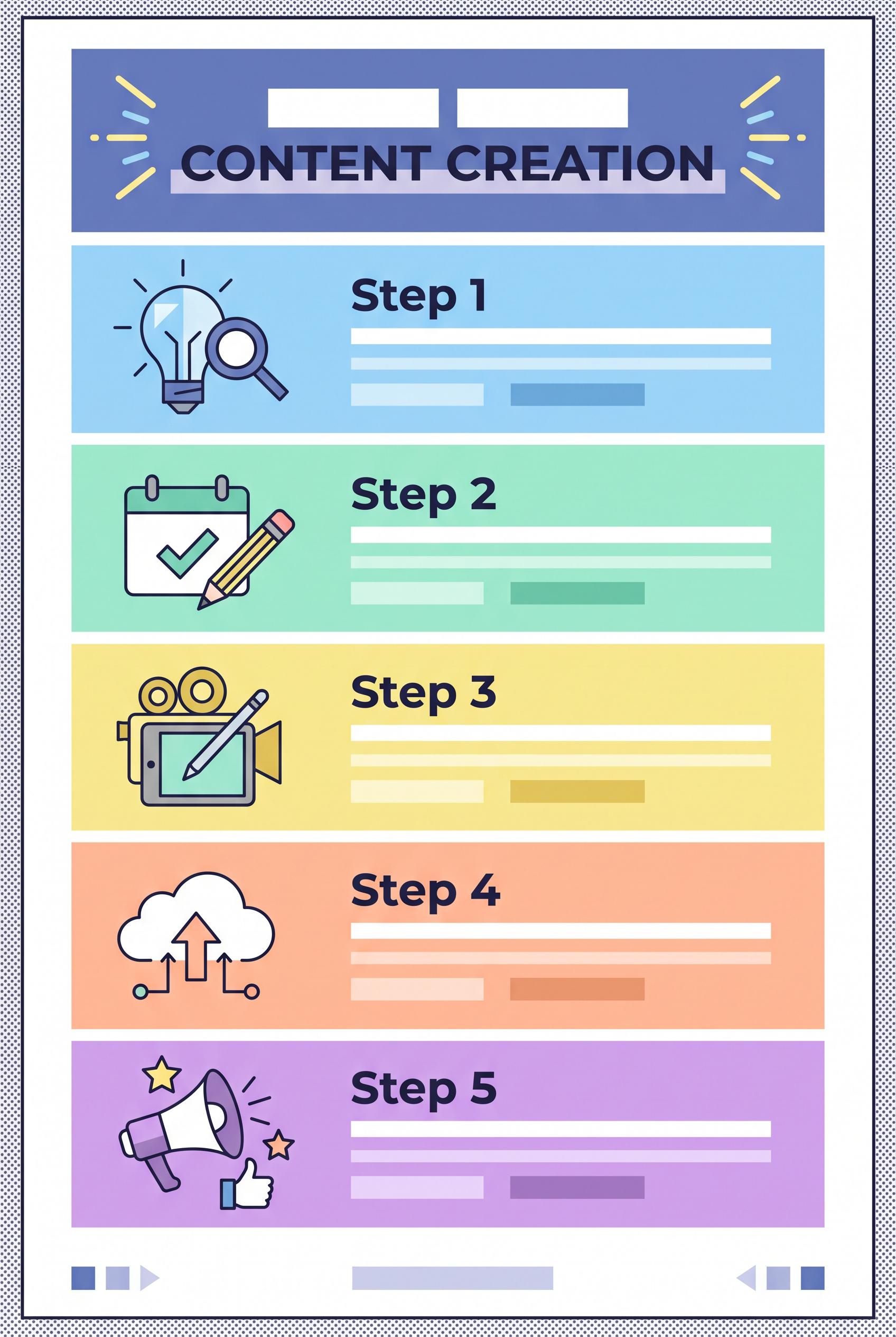Design a vibrant vertical 2:3 infographic that outlines a five-step content creation strategy for creators....