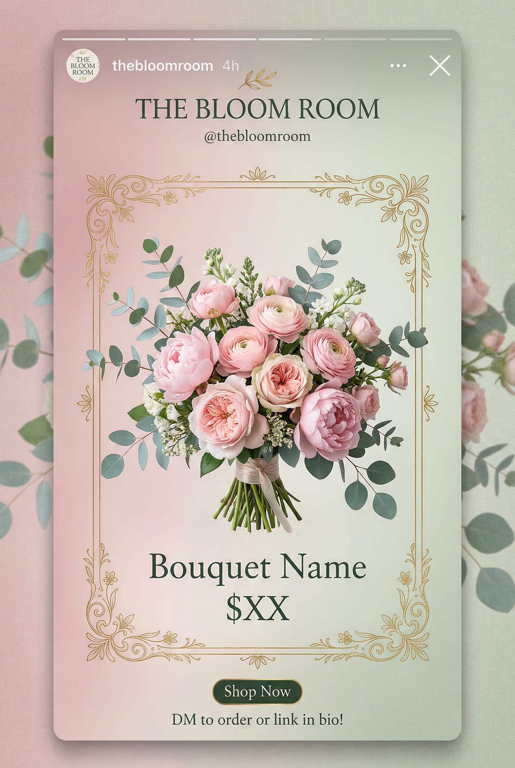 An Instagram Story template design for a florist shop, featuring a soft gradient background blending from dusty rose pin