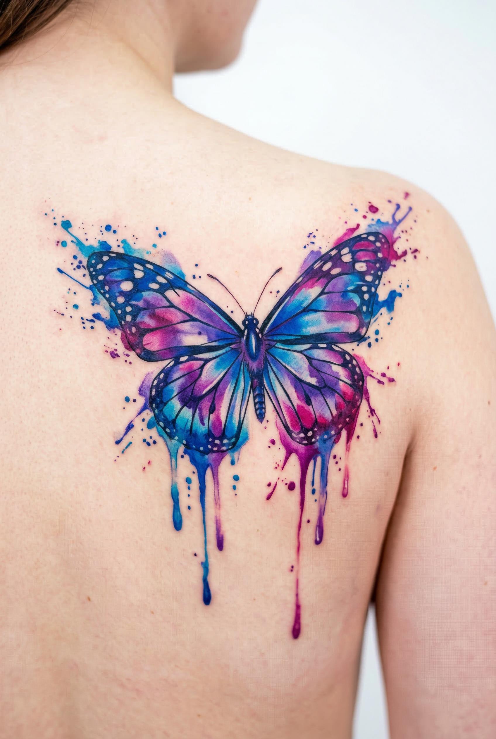A vibrant watercolor butterfly tattoo design, realistic butterfly shape with artistic watercolor paint splashes and drip