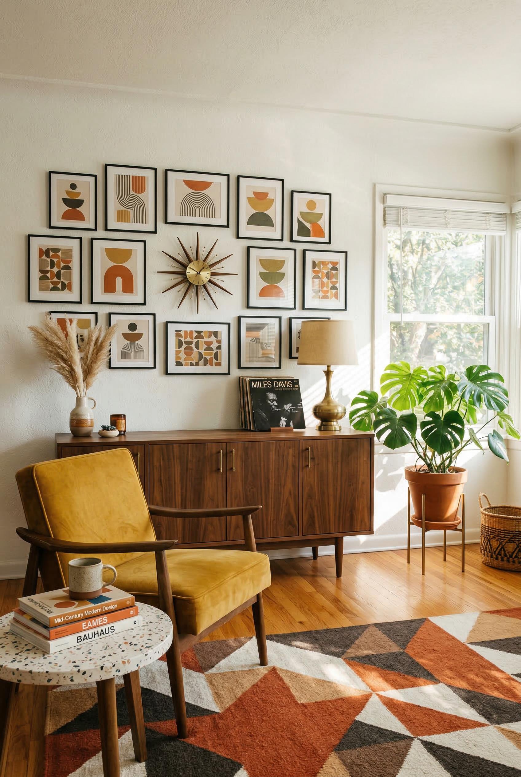 A mid-century modern living room featuring a long walnut credenza with tapered legs against a white 