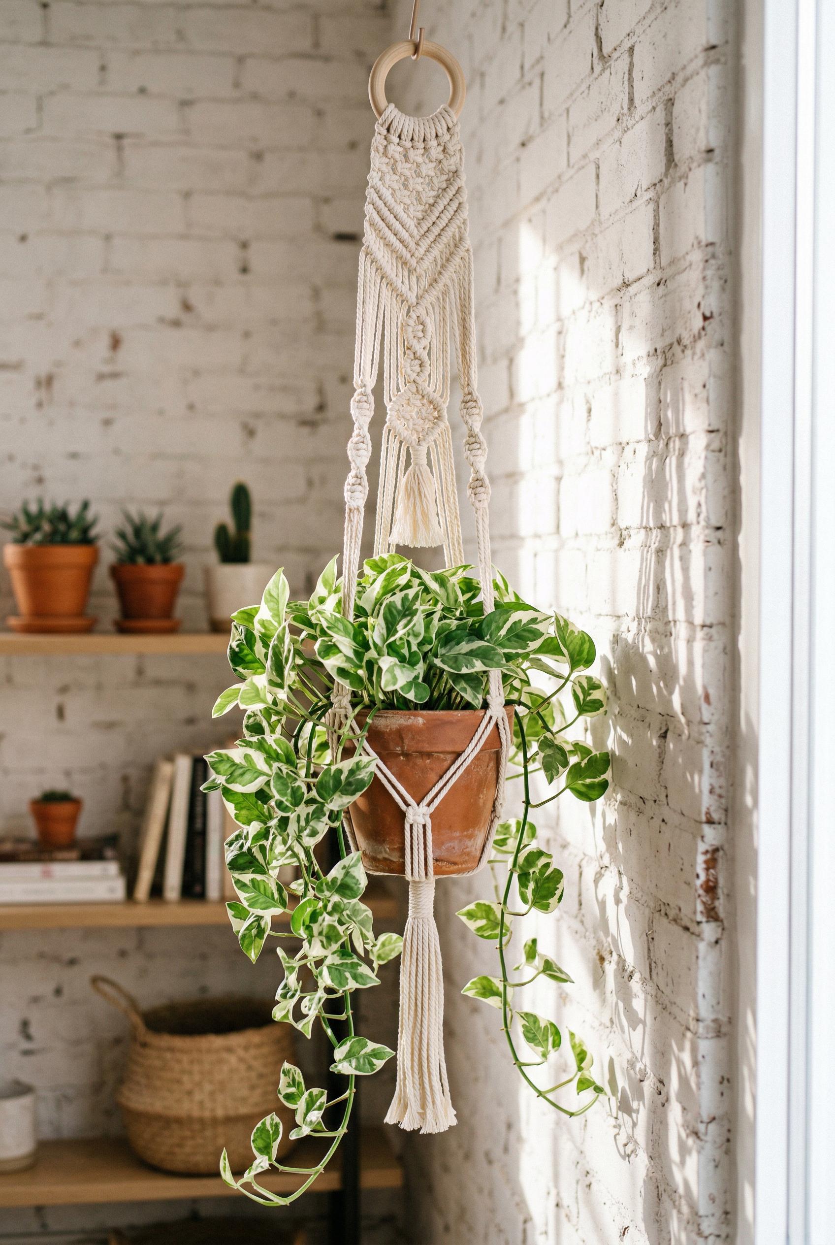 A handmade macramé plant hanger crafted from natural cream cotton cord in an intricate knotted pattern, holding a lush t