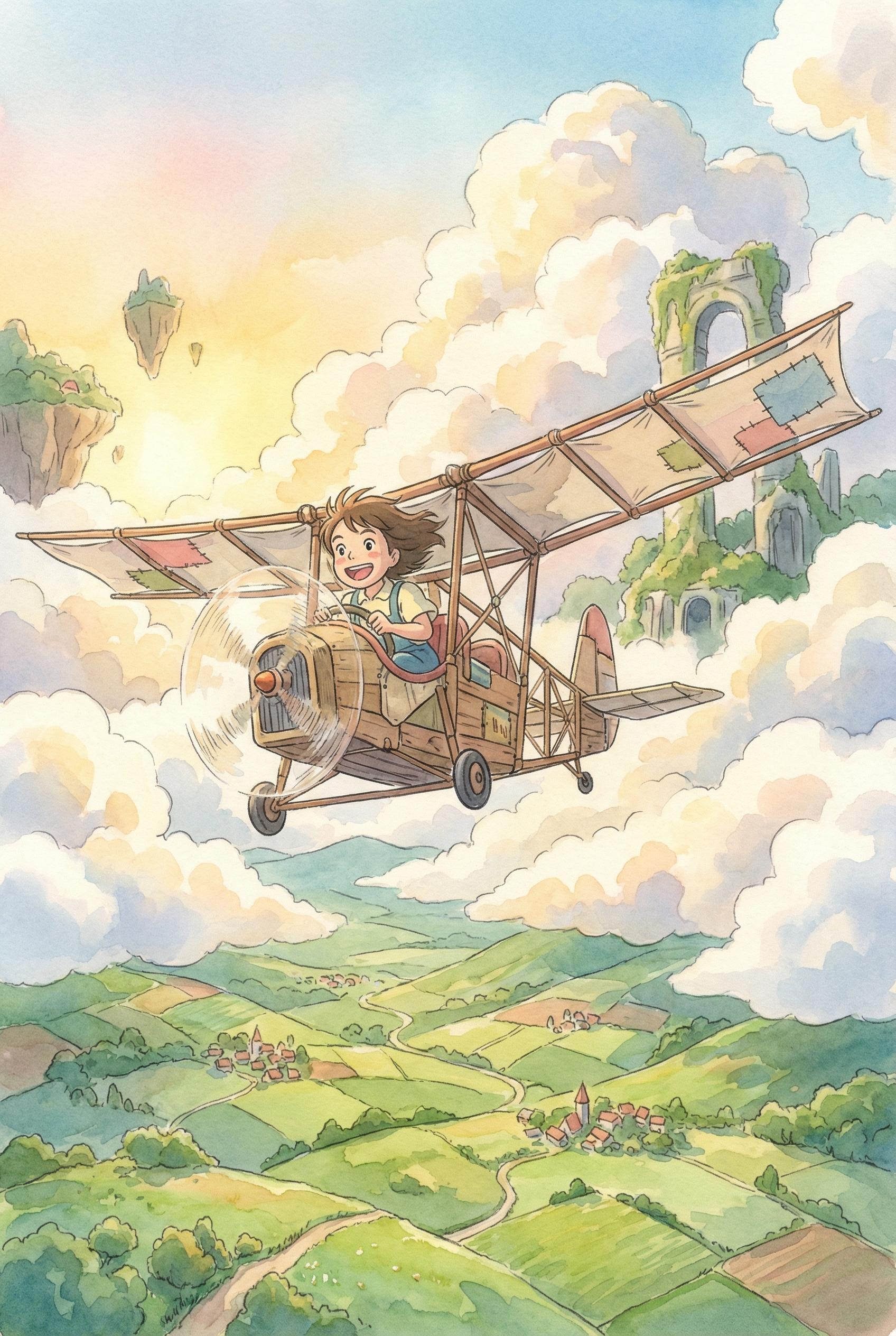 Социальные сети AI image: Young girl with flying machine soaring over green countryside, Studio Ghibli whimsical adventure sty
