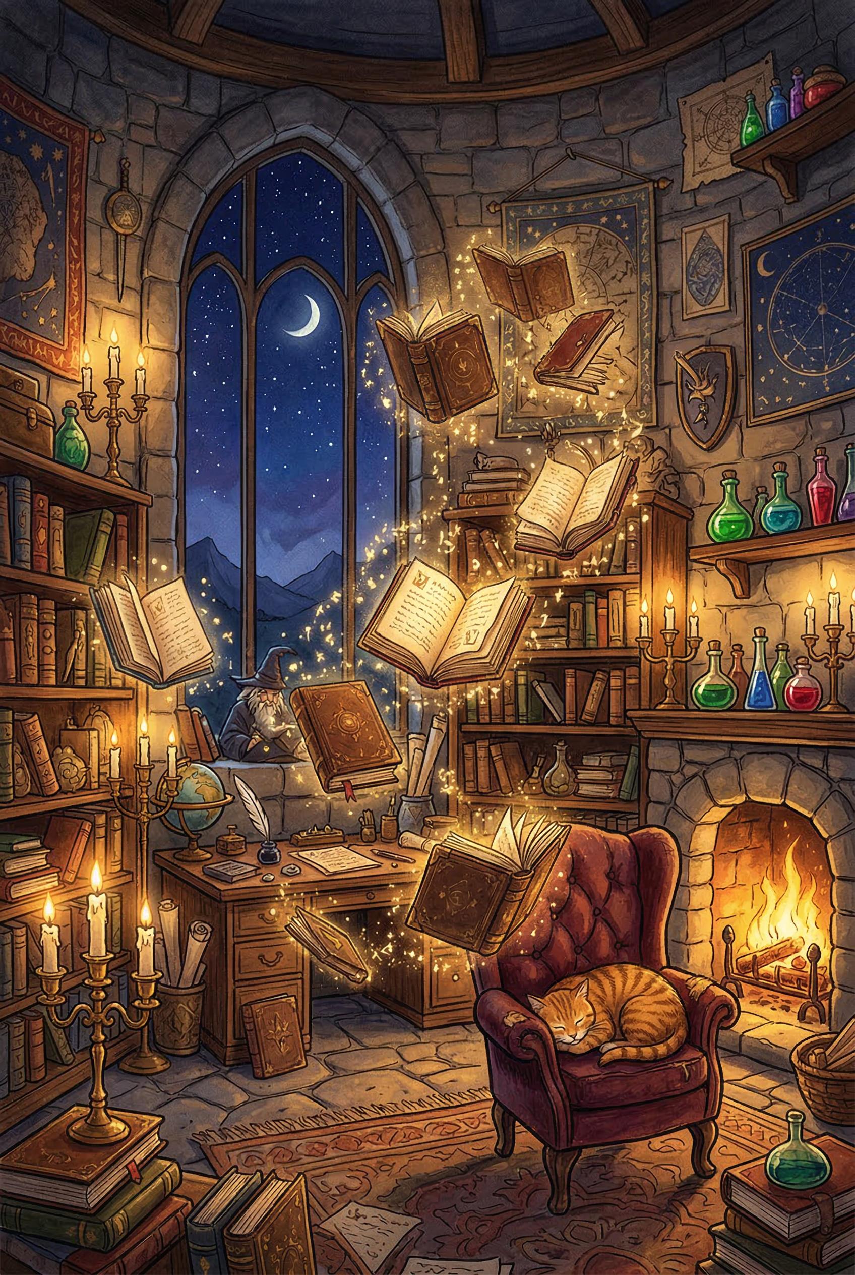A cozy and cluttered wizard's study in a stone tower room, dozens of ancient leather-bound spell books floating in mid-a