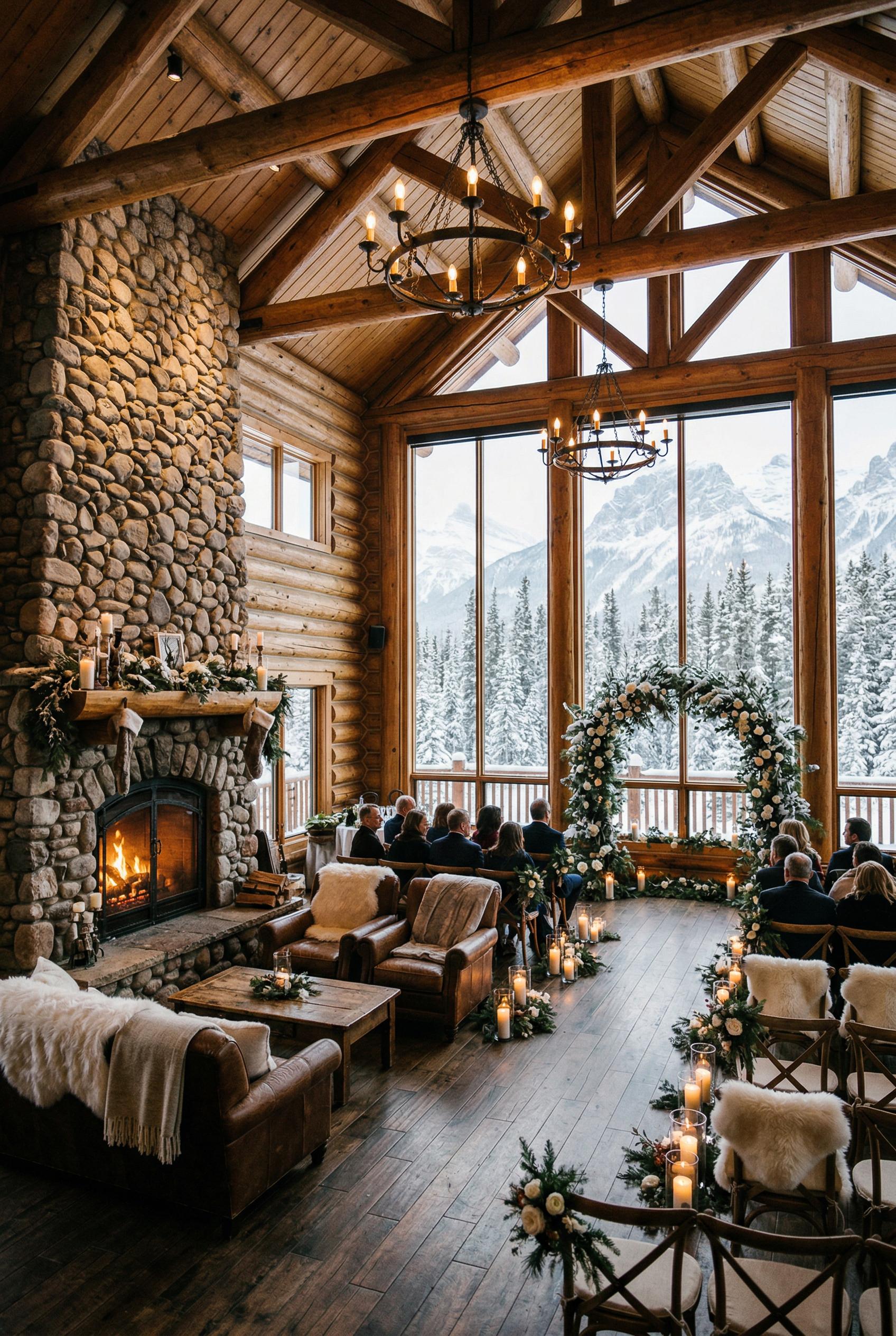 A cozy snow-covered mountain lodge wedding venue interior with massive floor-to-ceiling glass windows revealing a majest