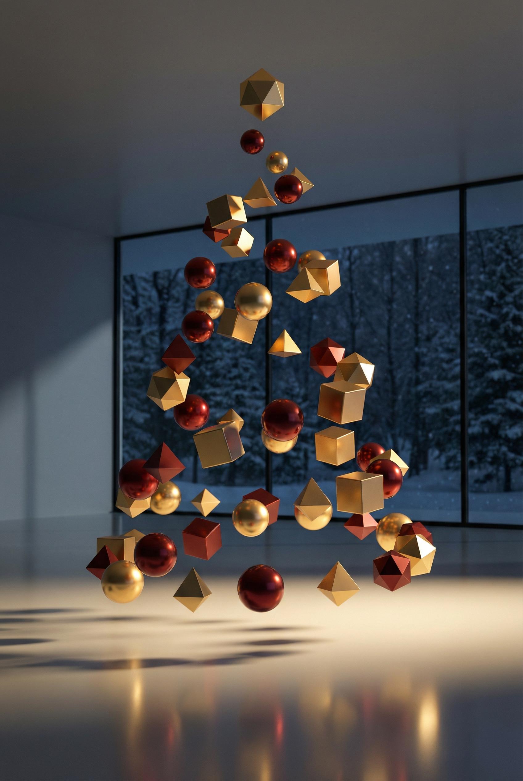 3D rendered abstract Christmas tree made of floating geometric ornaments, metallic gold and deep red