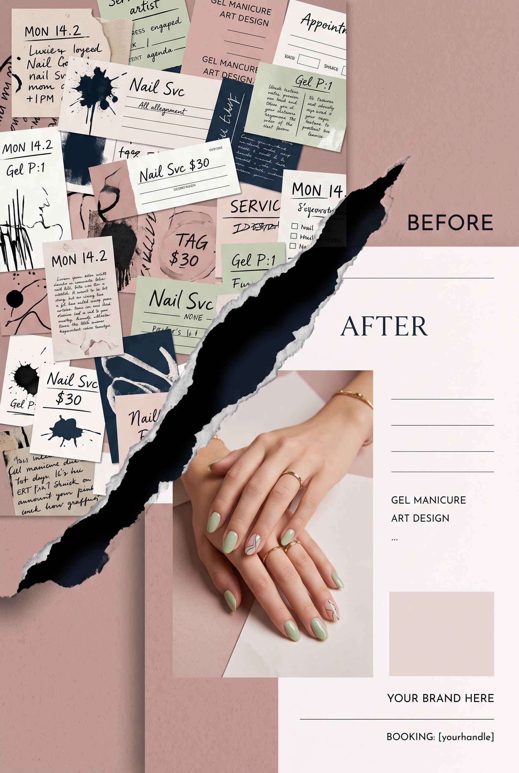 Create a commercial-quality vertical 2:3 Pinterest composition showing a before-and-after marketing 