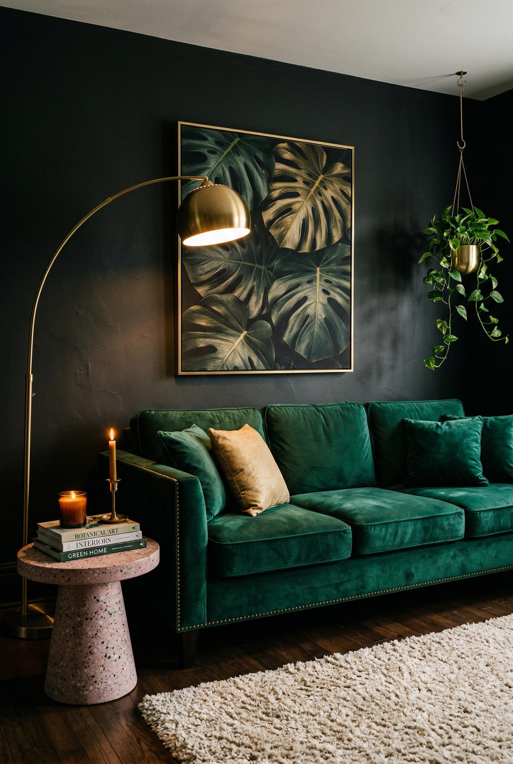 A dramatic living room with dark charcoal painted walls and a plush emerald green velvet three-seater sofa with brass na