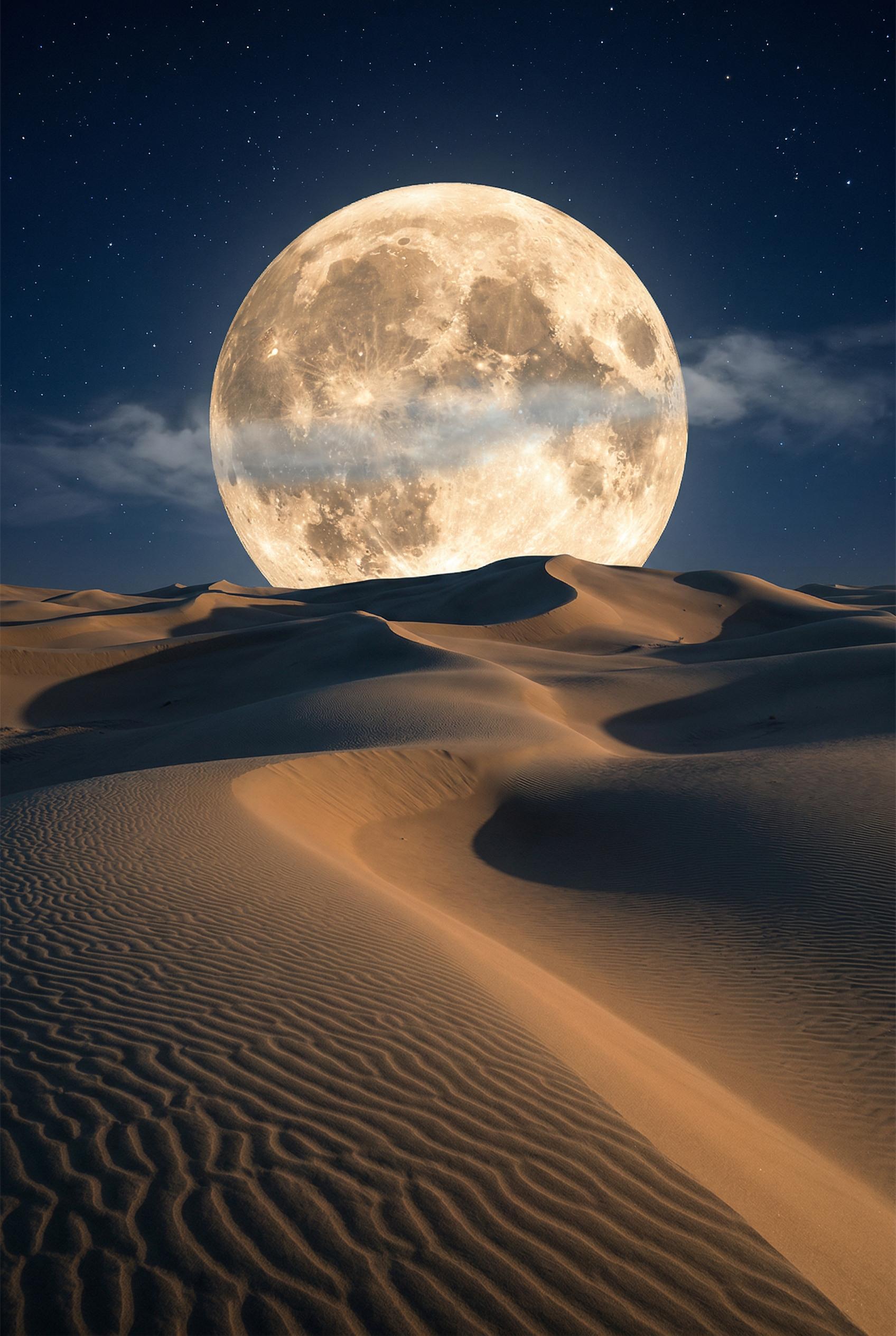 A vast empty desert landscape at night with rolling sand dunes sculpted by wind into smooth flowing patterns and ripples