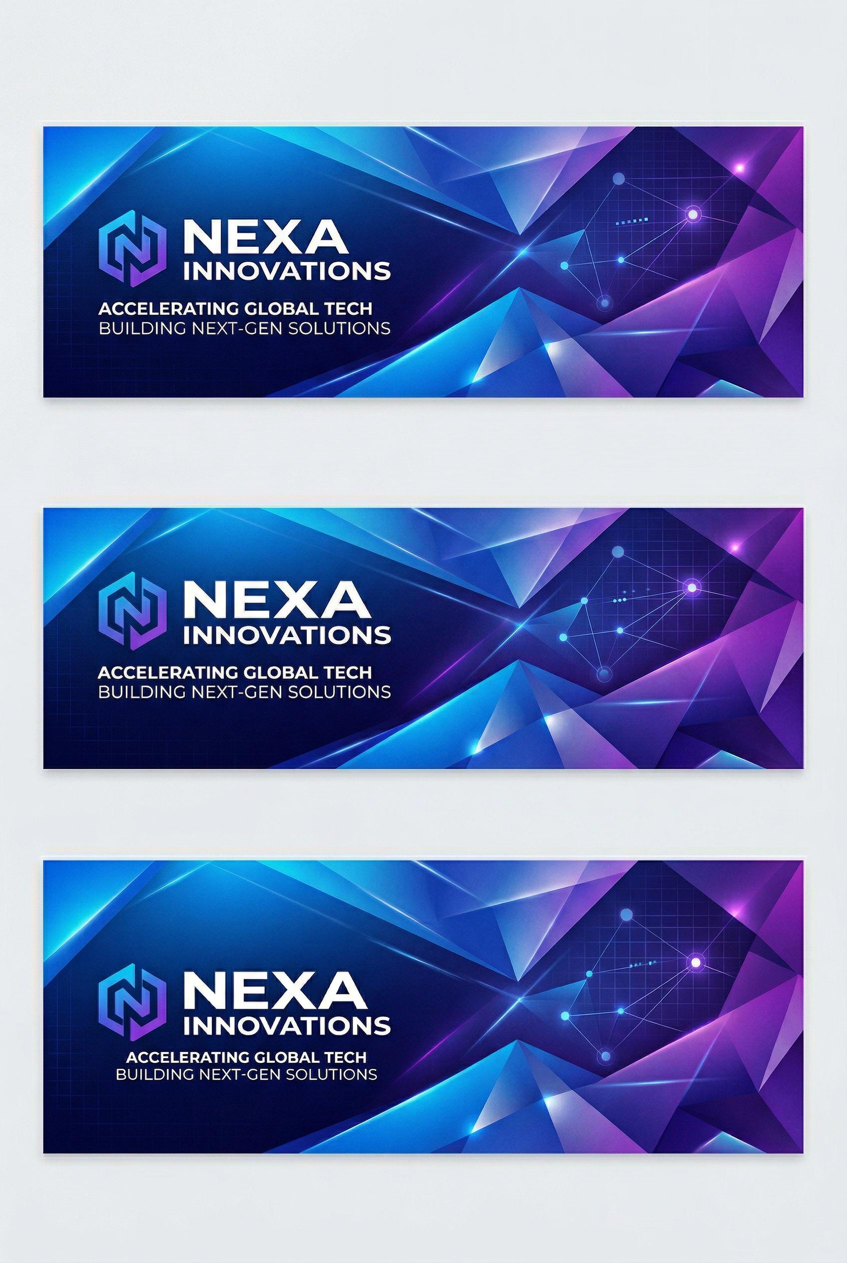 Professional LinkedIn banner for a tech startup, abstract geometric shapes in blue and purple gradient, modern corporate