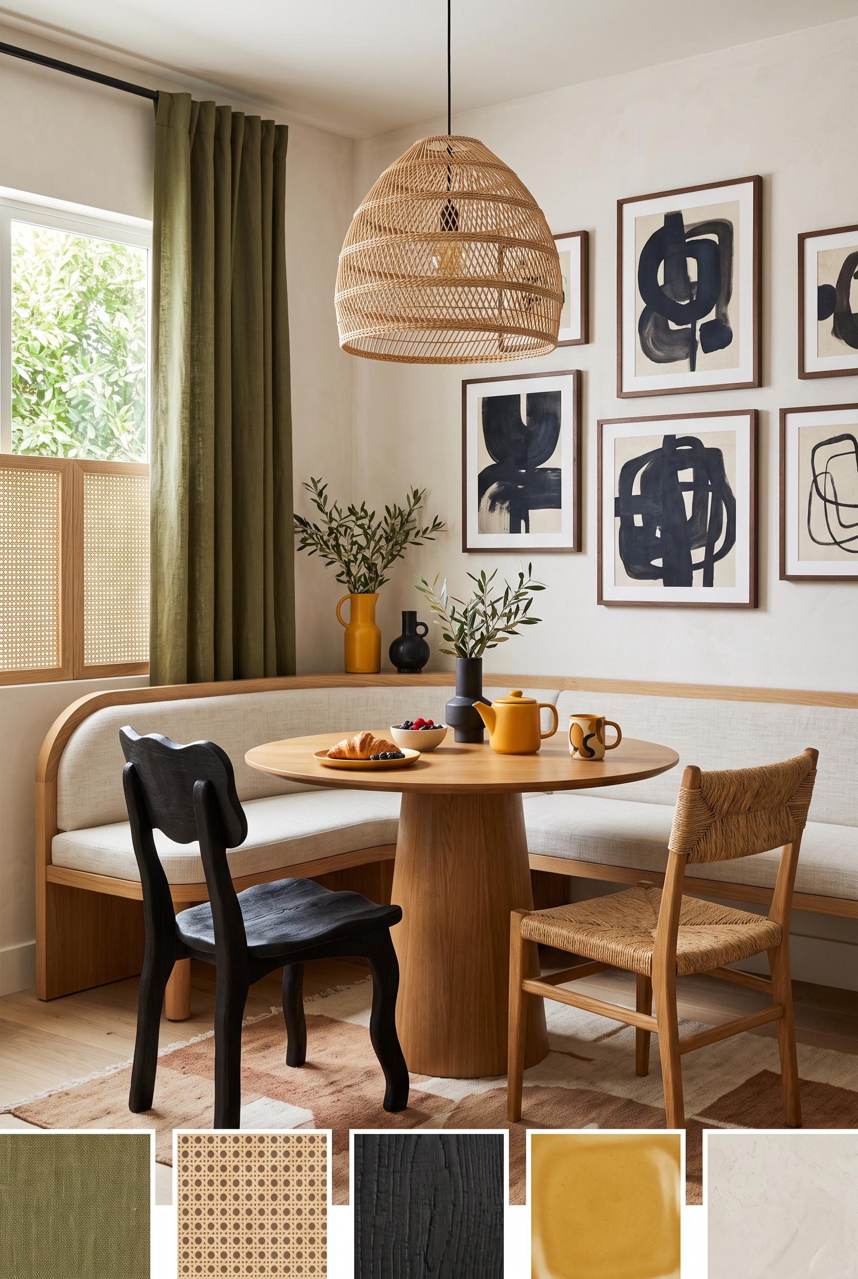 Create a commercial-quality inspirational breakfast nook interior in a vertical 2:3 Pinterest compos